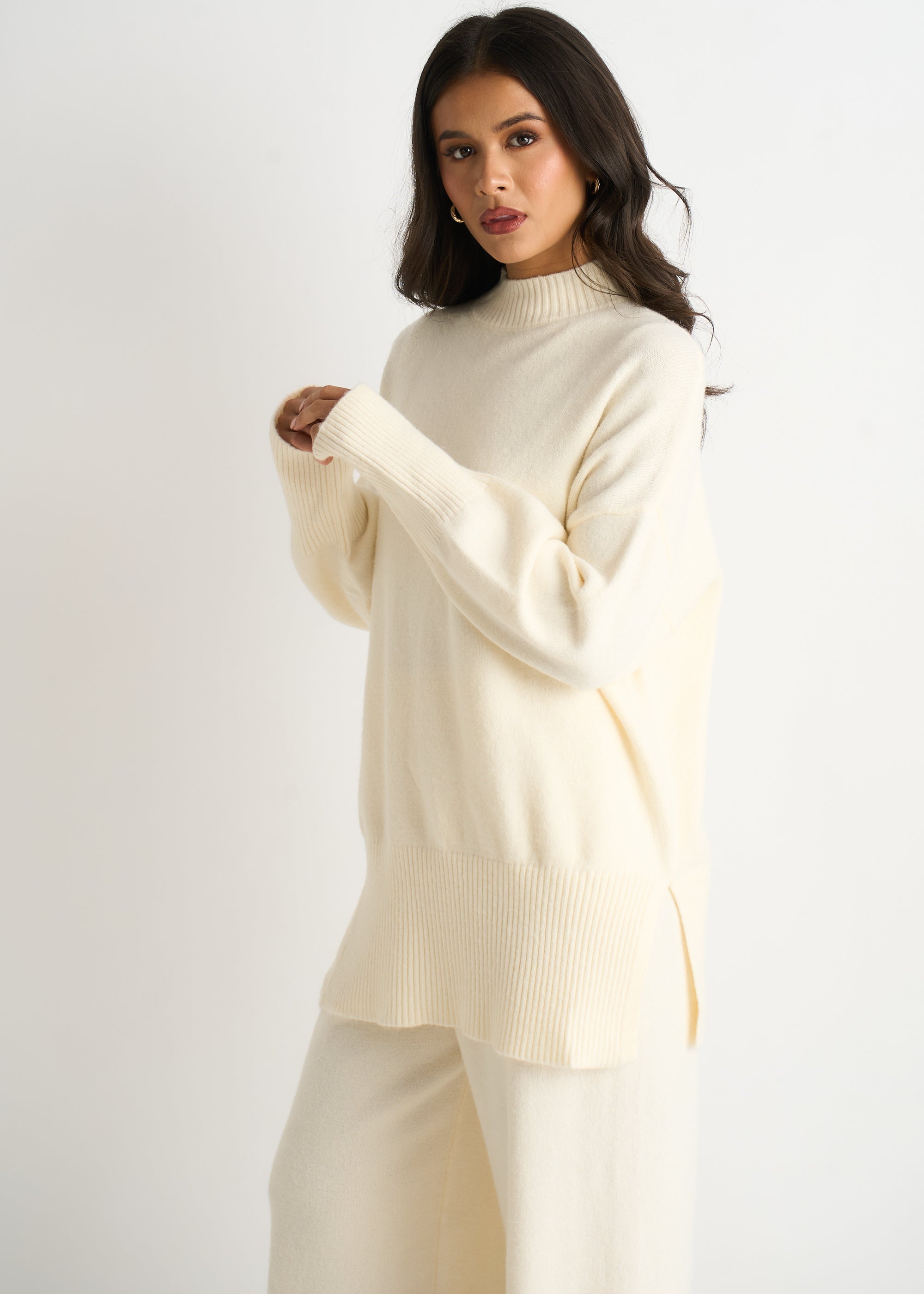Gini London Off White Turtle Neck Oversized Knitted Jumper