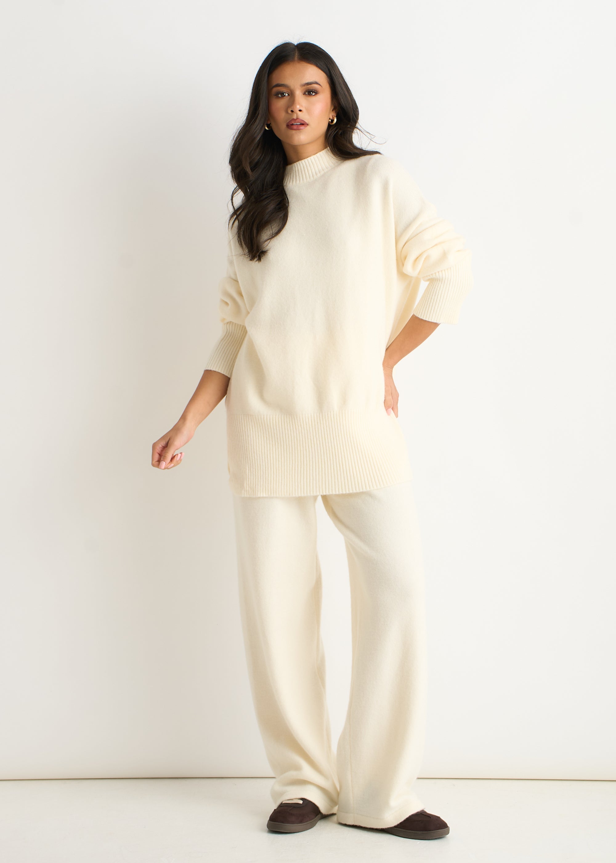 Gini London Off White Knitted Pull On Wide Leg Trousers