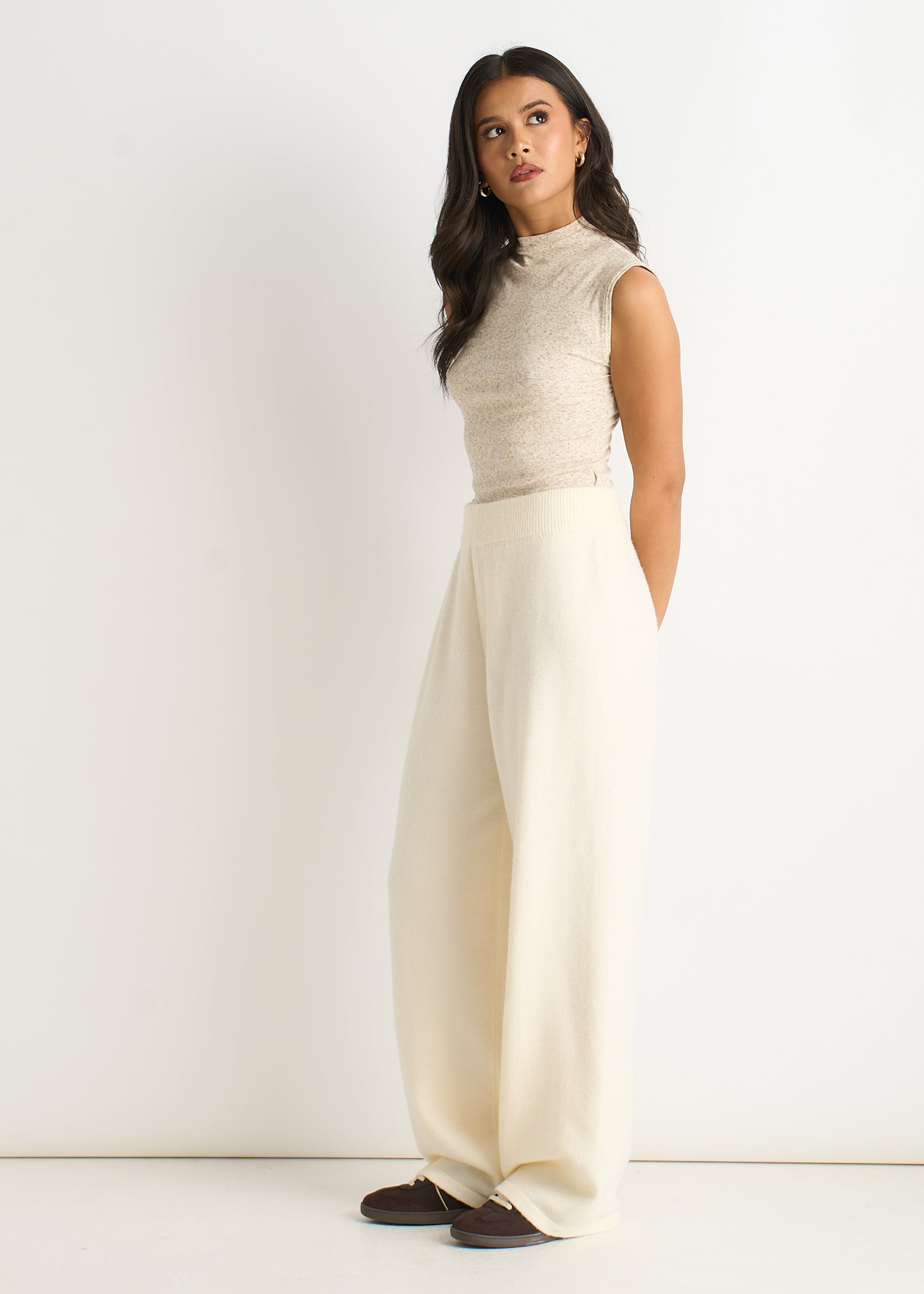 Gini London Off White Knitted Pull On Wide Leg Trousers