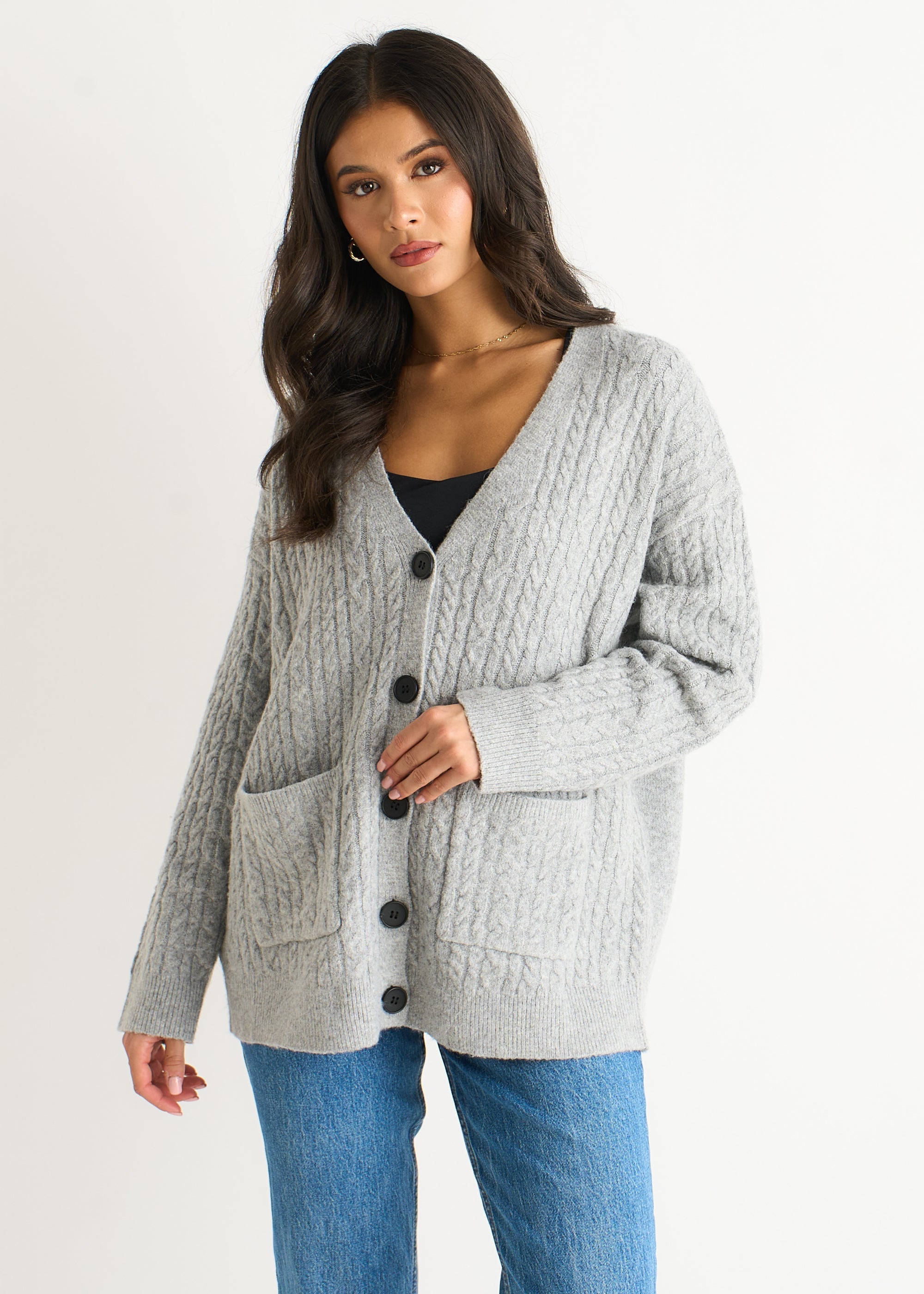 Gini London Grey Cable Patch Pocket Knitted Cardigan
