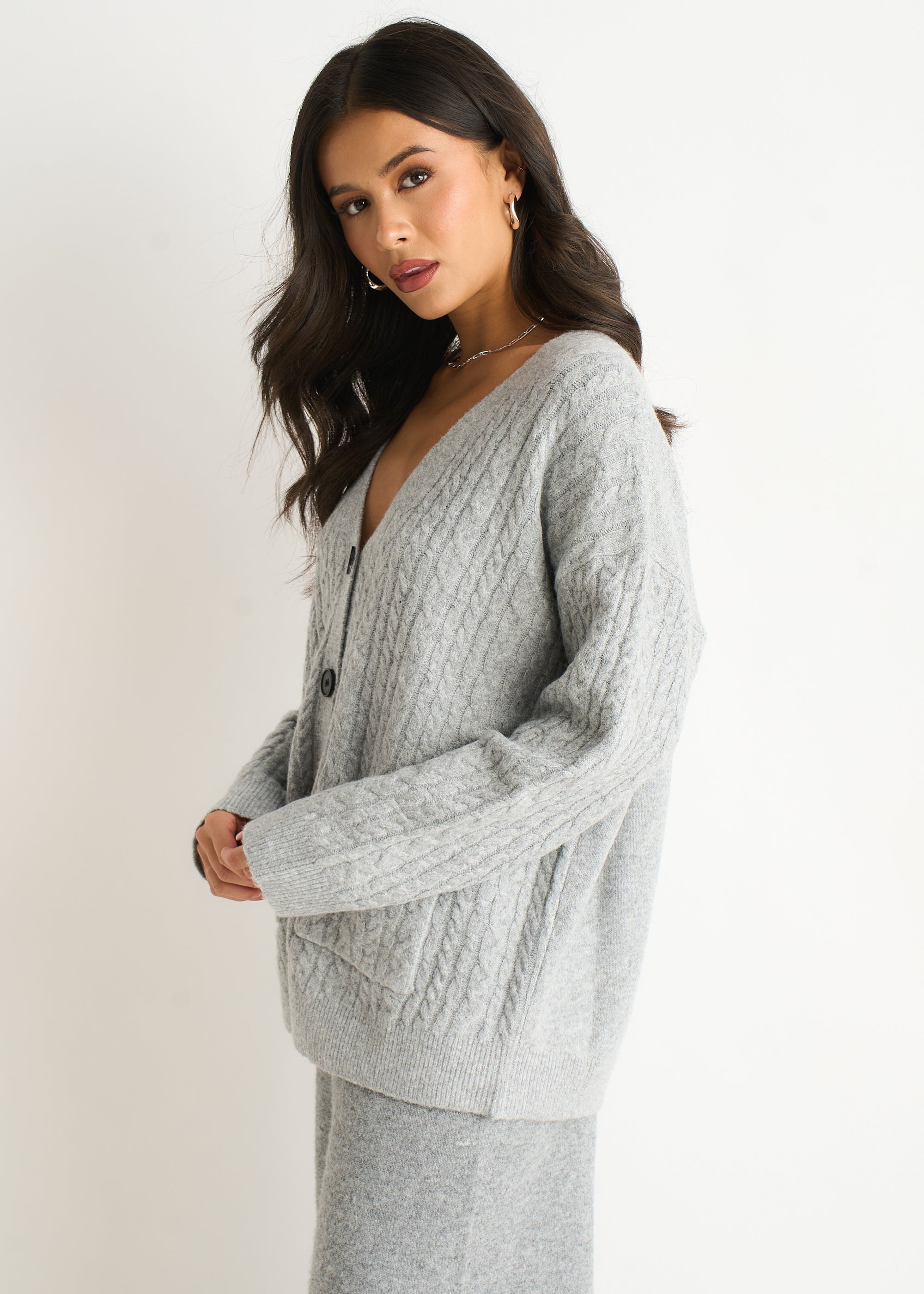 Gini London Grey Cable Patch Pocket Knitted Cardigan