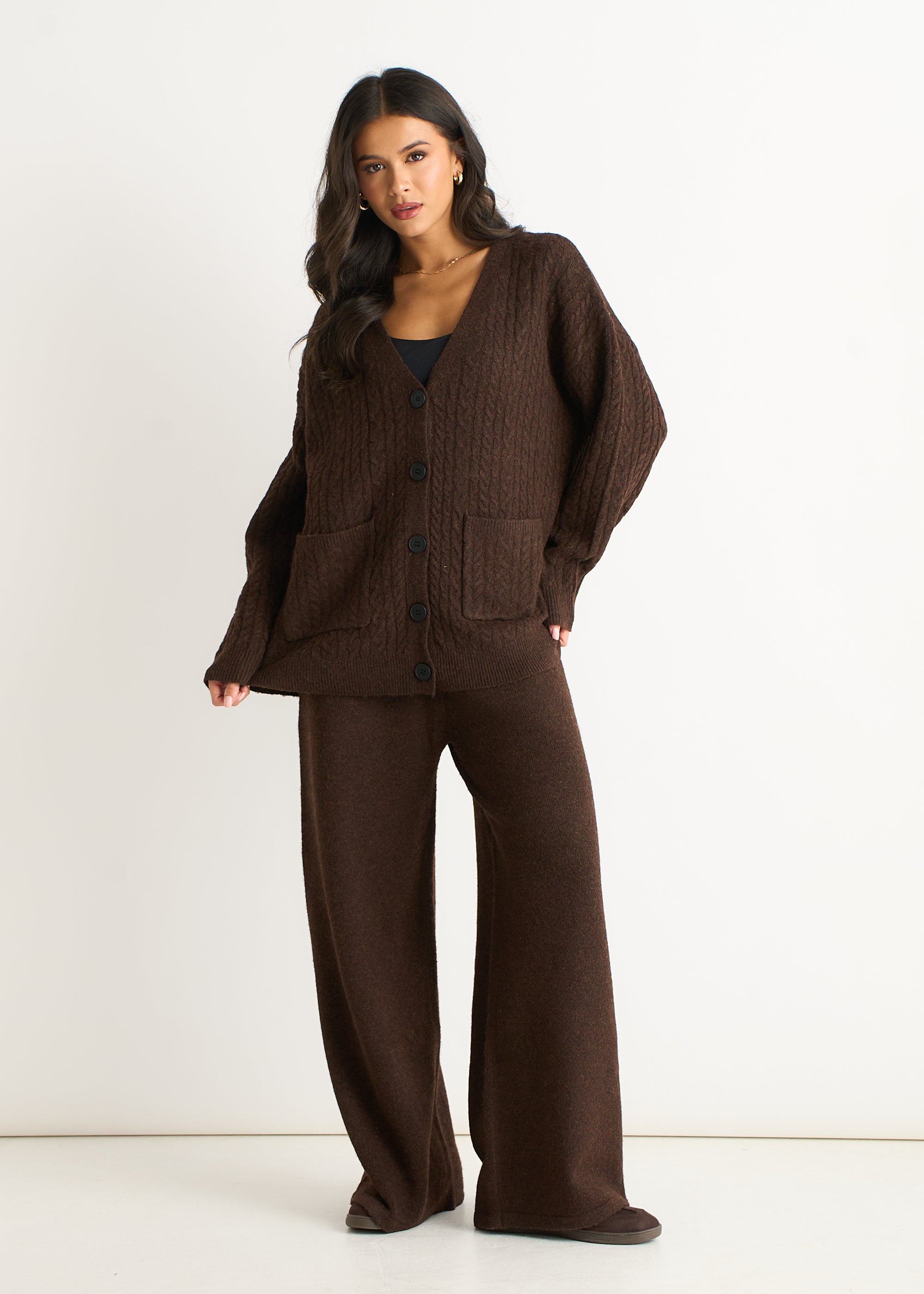 Gini London Brown Fuzzy Knit Wide-Leg Trousers