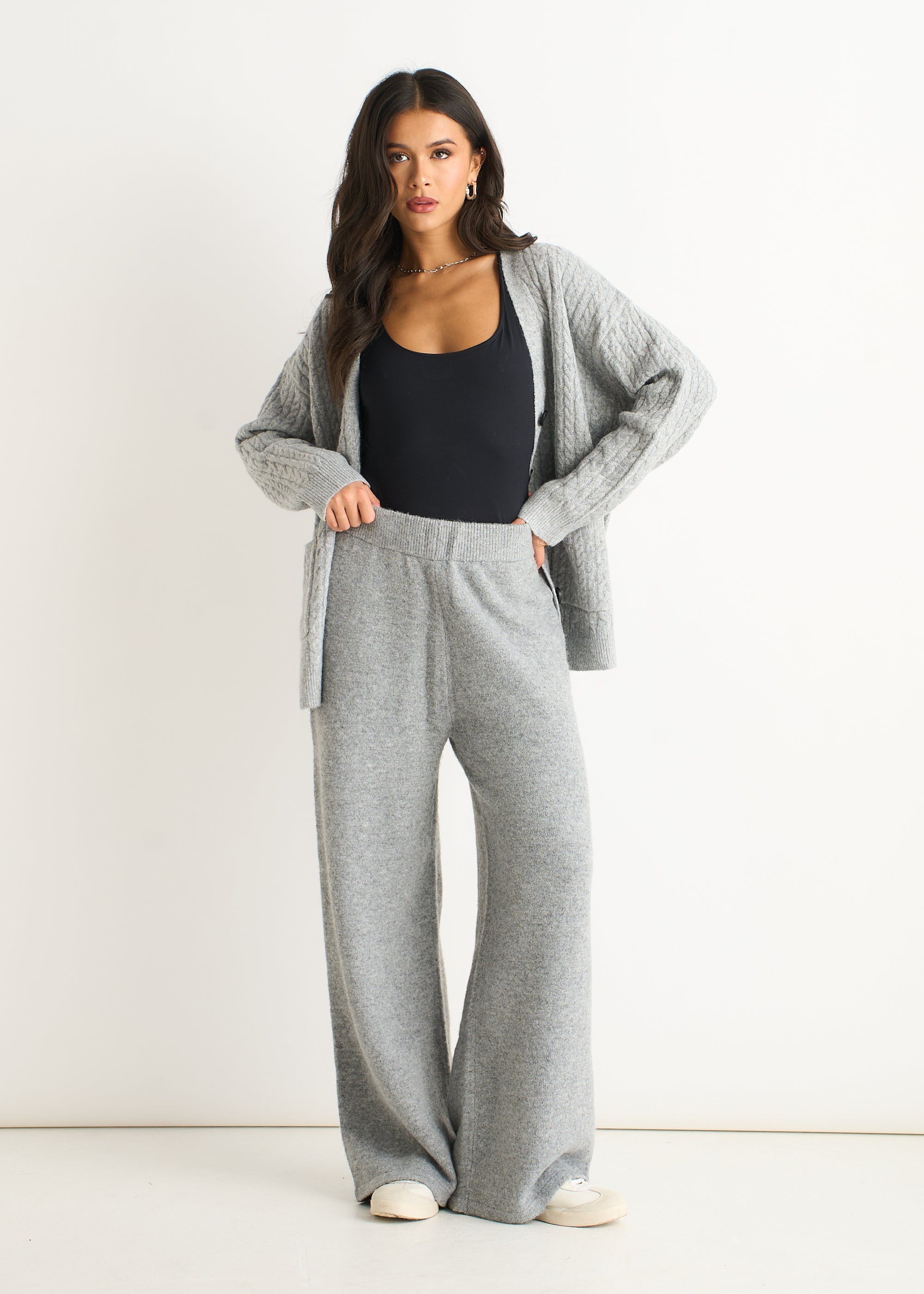 Gini London Grey Soft Knit Pull On Wide-Leg Trousers