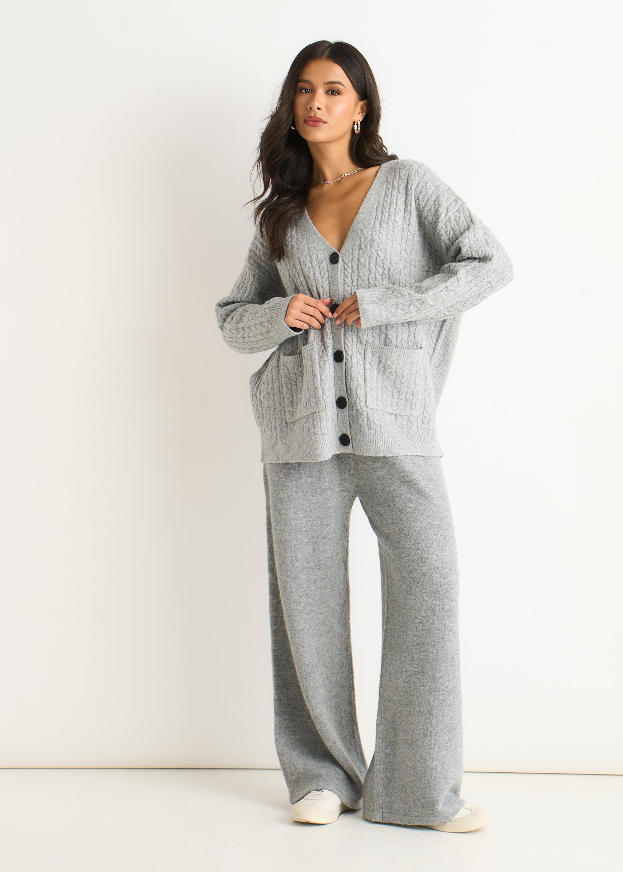 Gini London Grey Cable Patch Pocket Knitted Cardigan