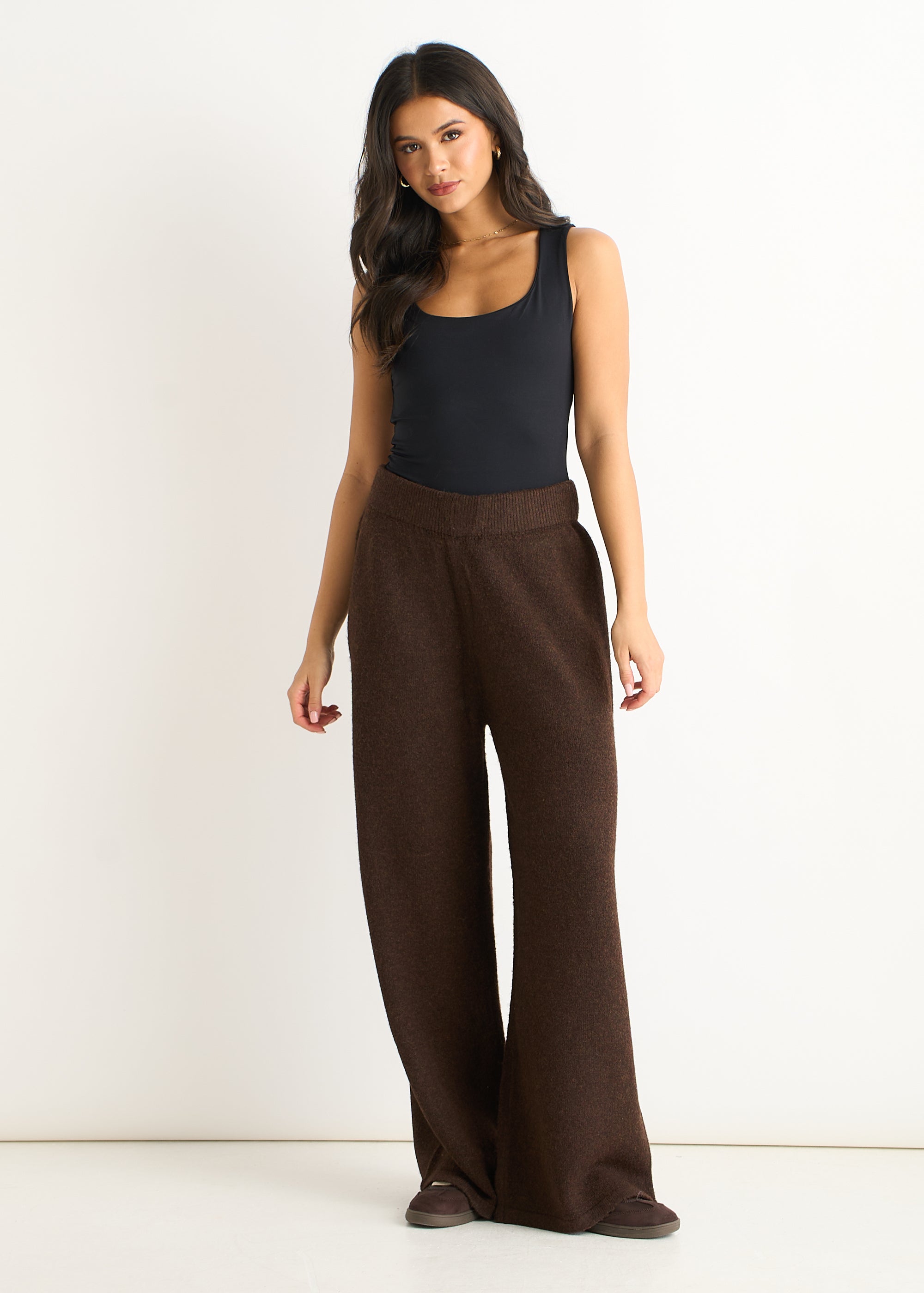 Gini London Brown Fuzzy Knit Wide-Leg Trousers