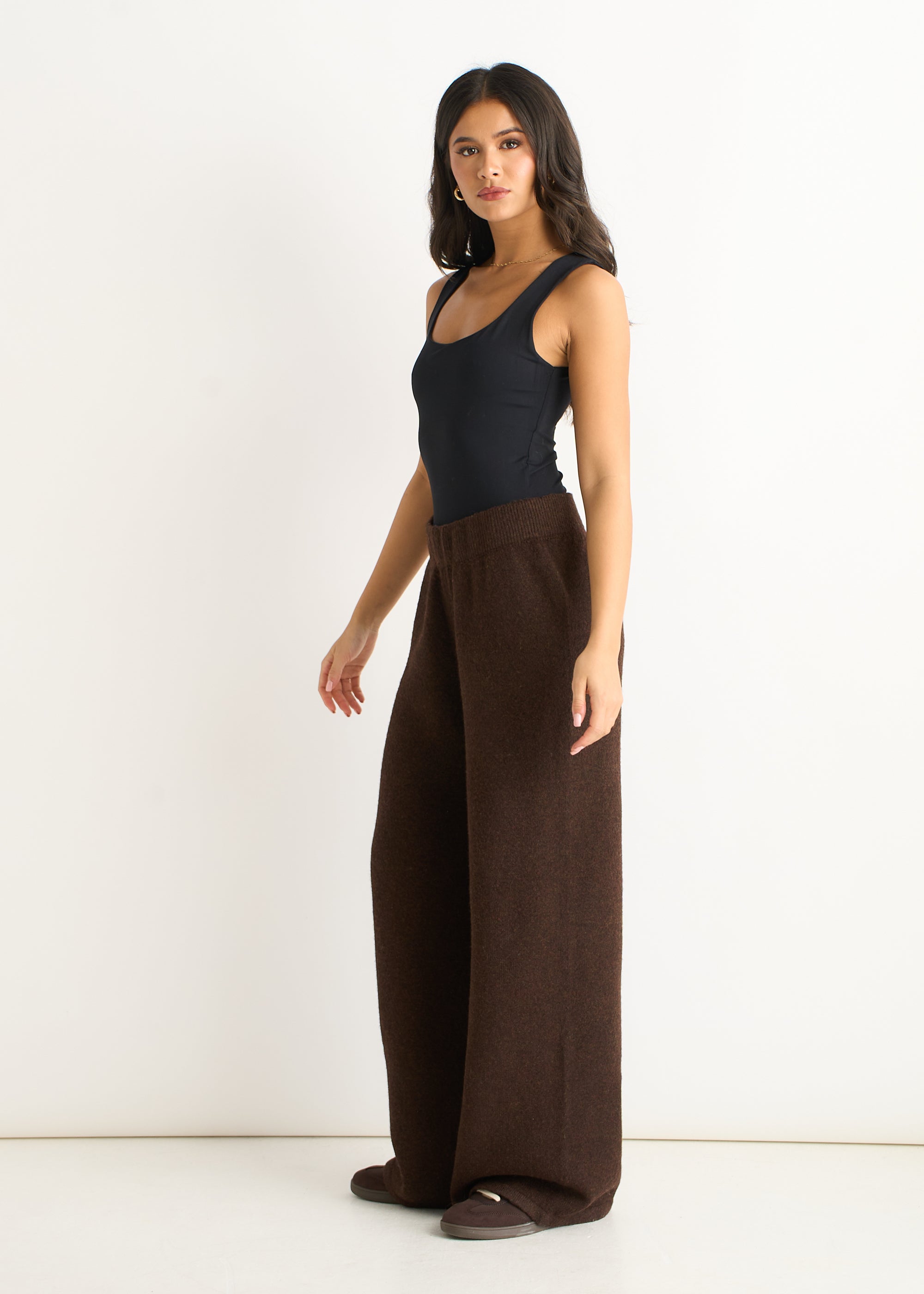 Gini London Brown Fuzzy Knit Wide-Leg Trousers