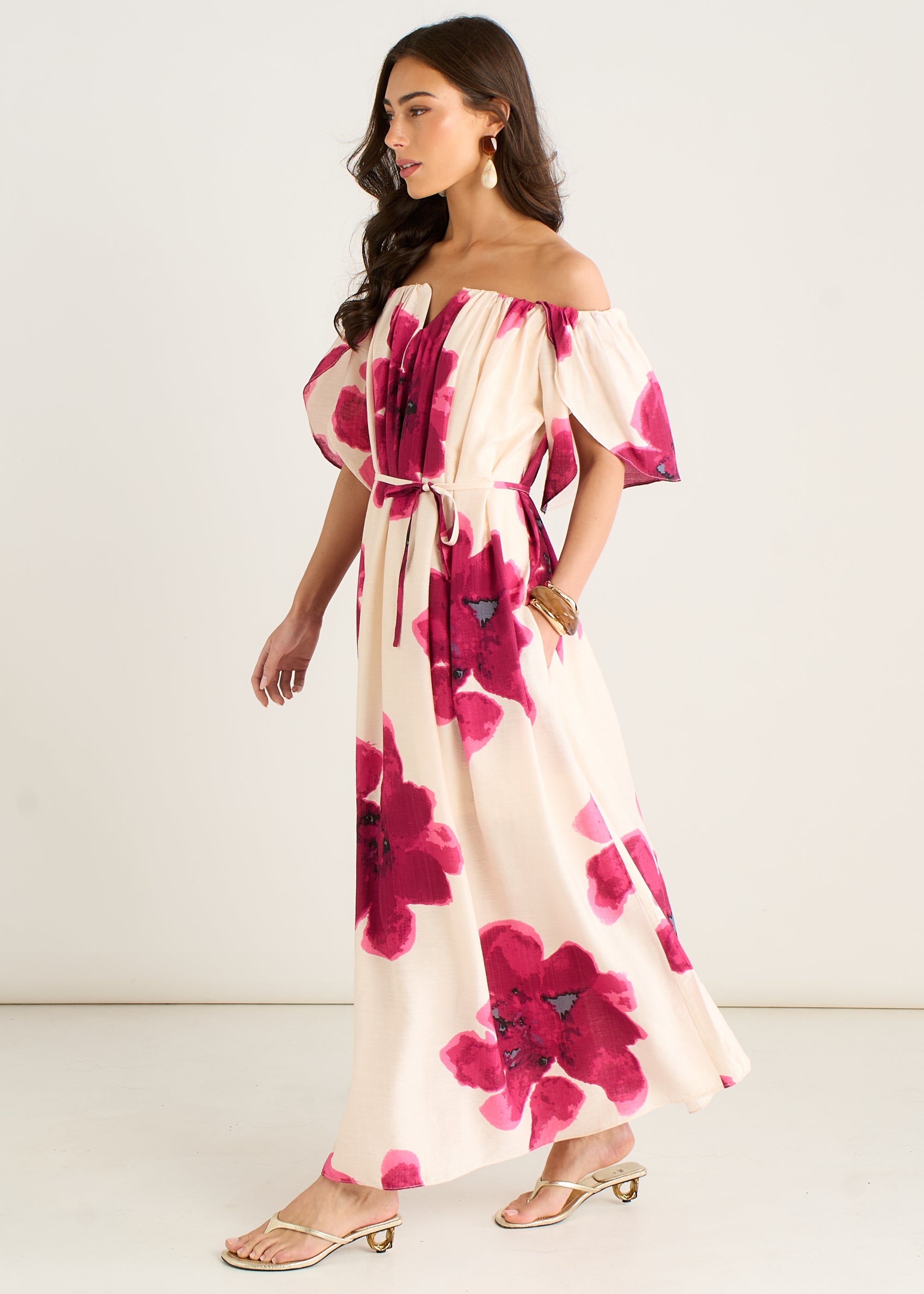 Gini London Pink Bardot Trapeze Maxi Dress