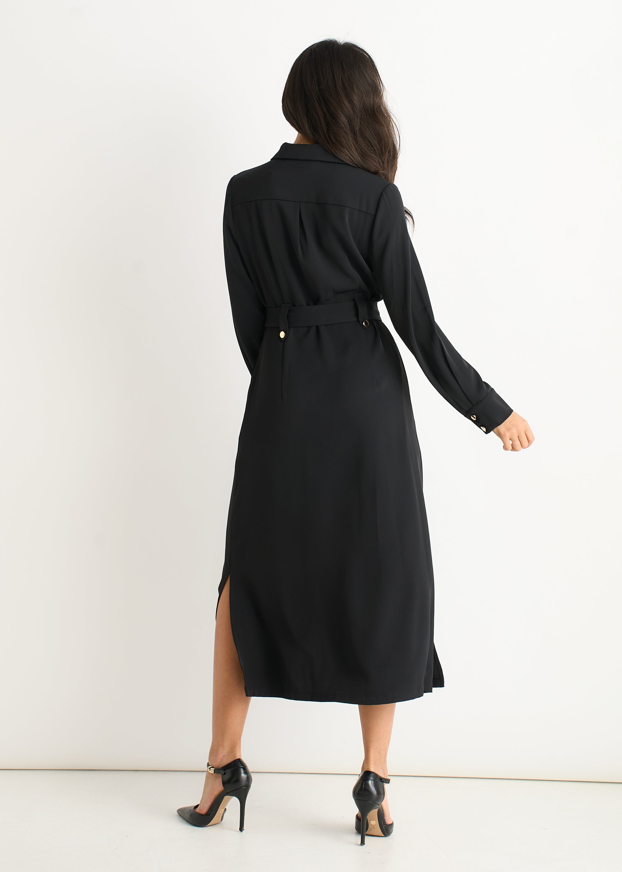 Gini London Black Luxe Gold Button Utility Shirt Dress