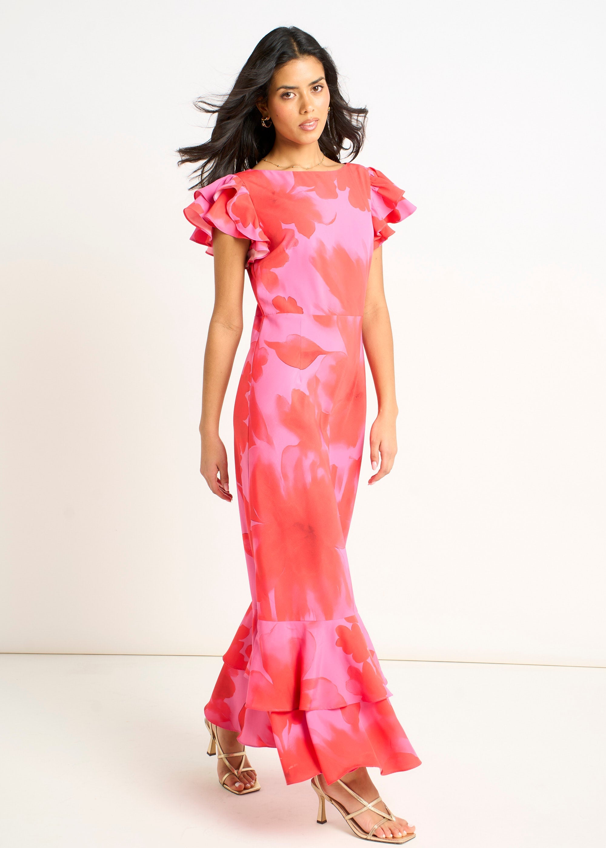 Gini London Pink Watercolour Floral Print Ruffle Midaxi Dress