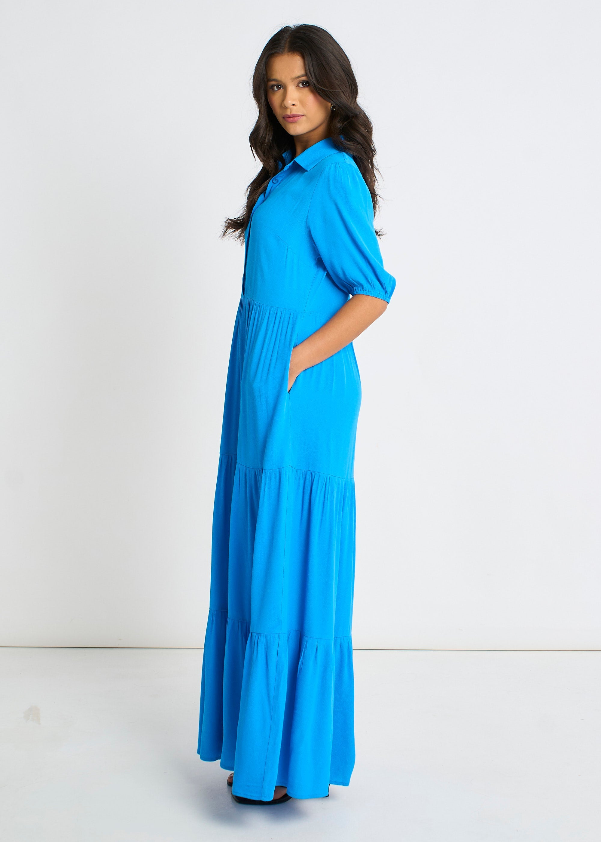 Gini London Blue Button Through Skater Maxi Dress
