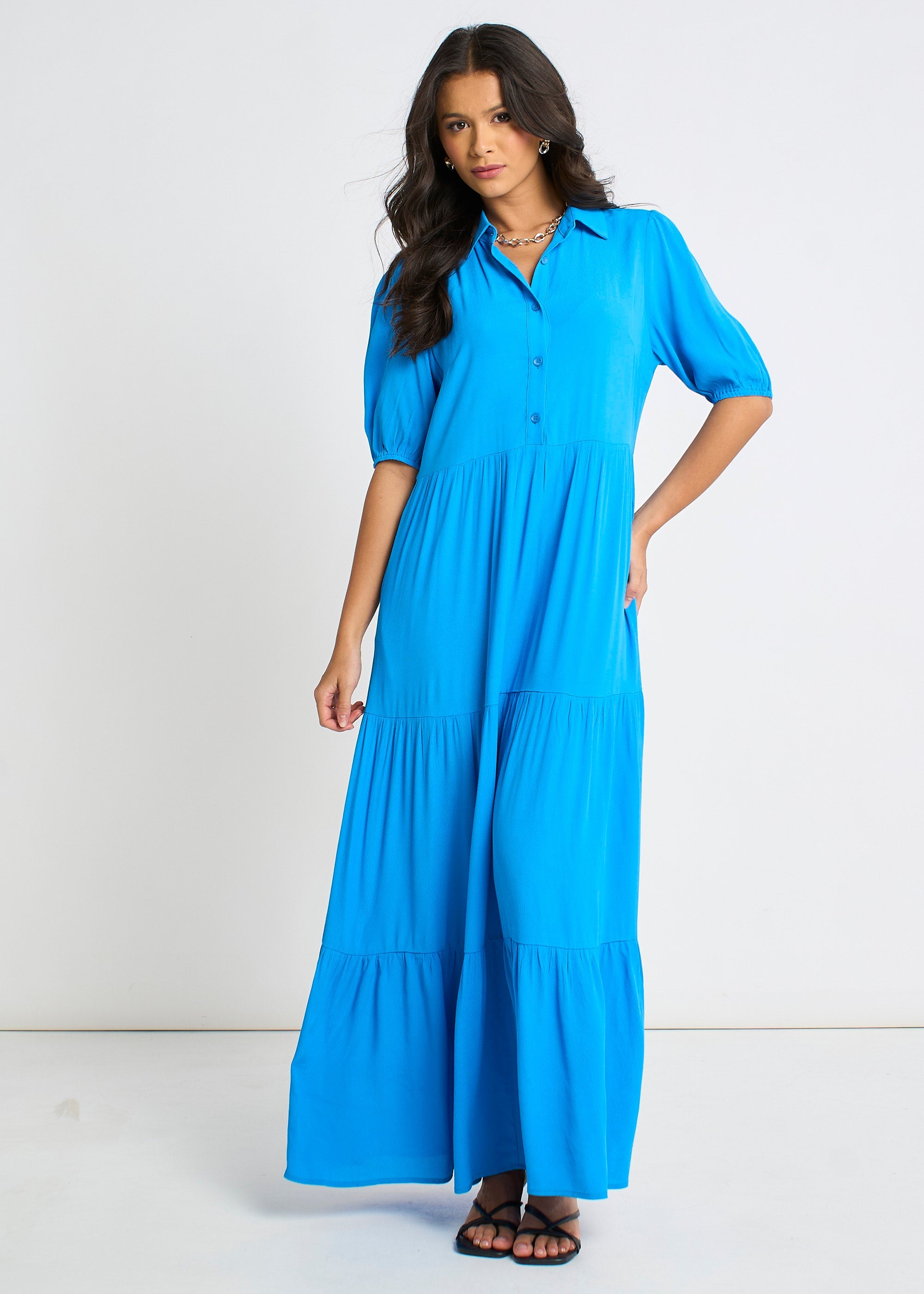 Gini London Blue Button Through Skater Maxi Dress