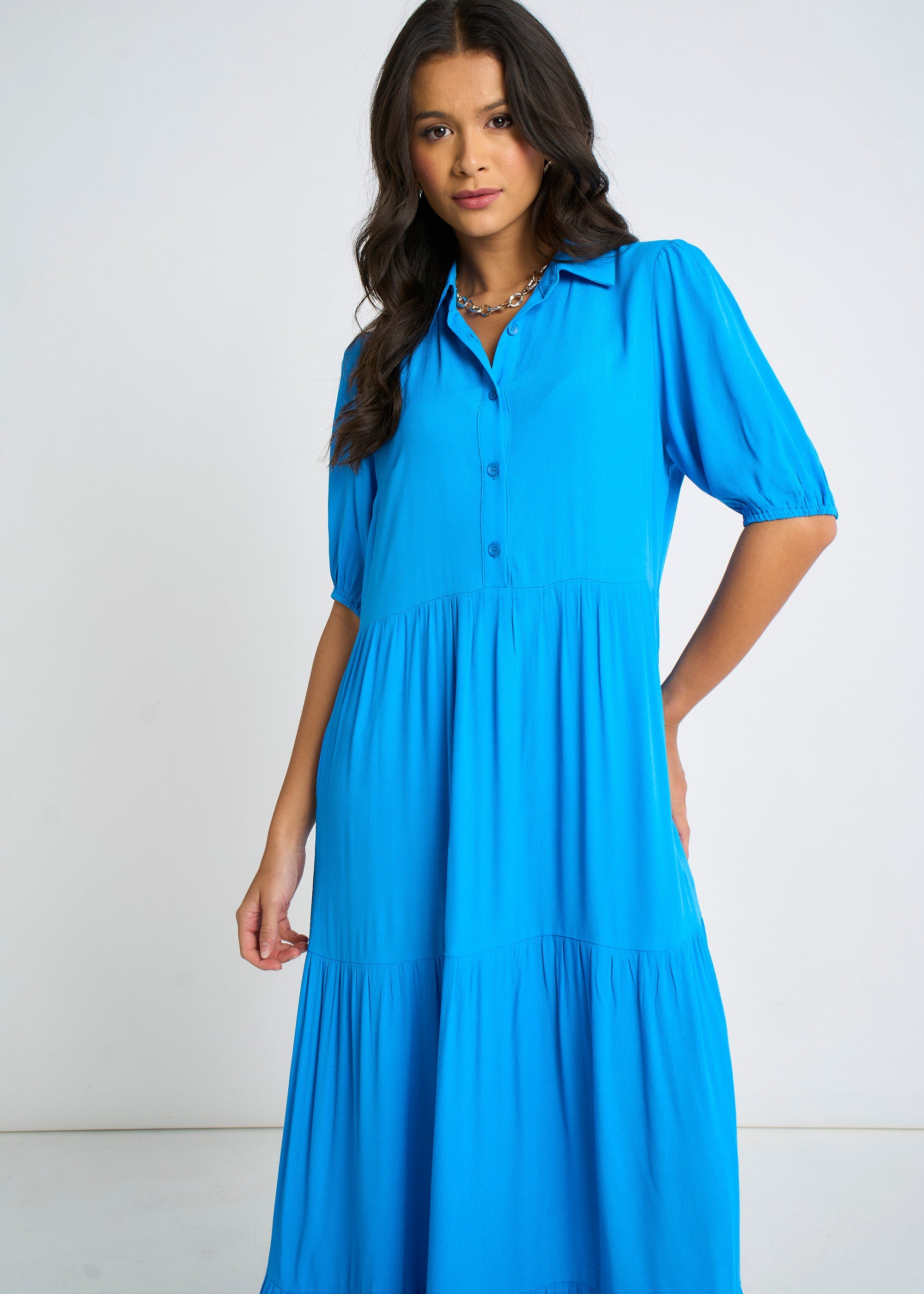 Gini London Blue Button Through Skater Maxi Dress
