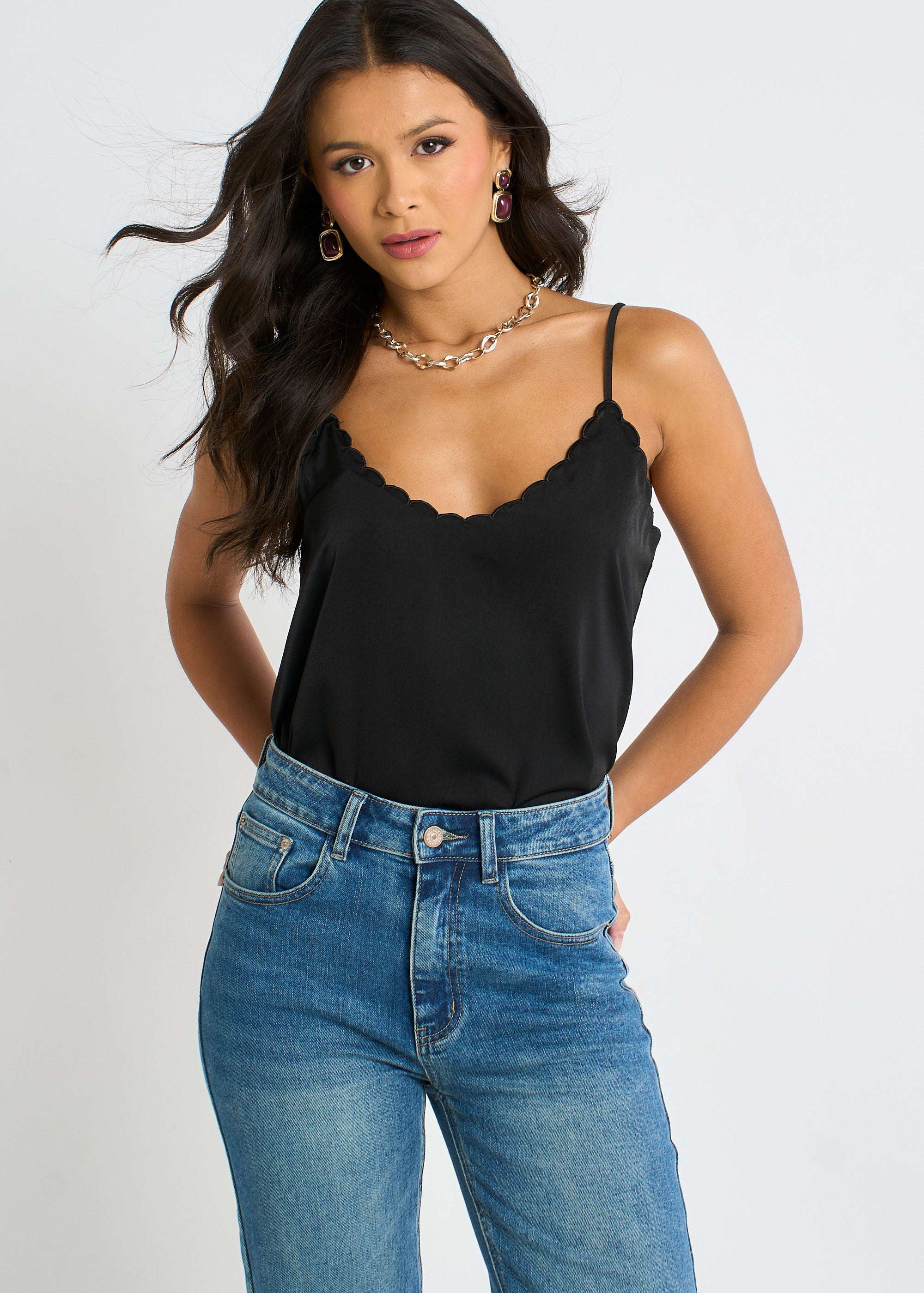 Gini London Black Satin Scallop Detail Cami Top