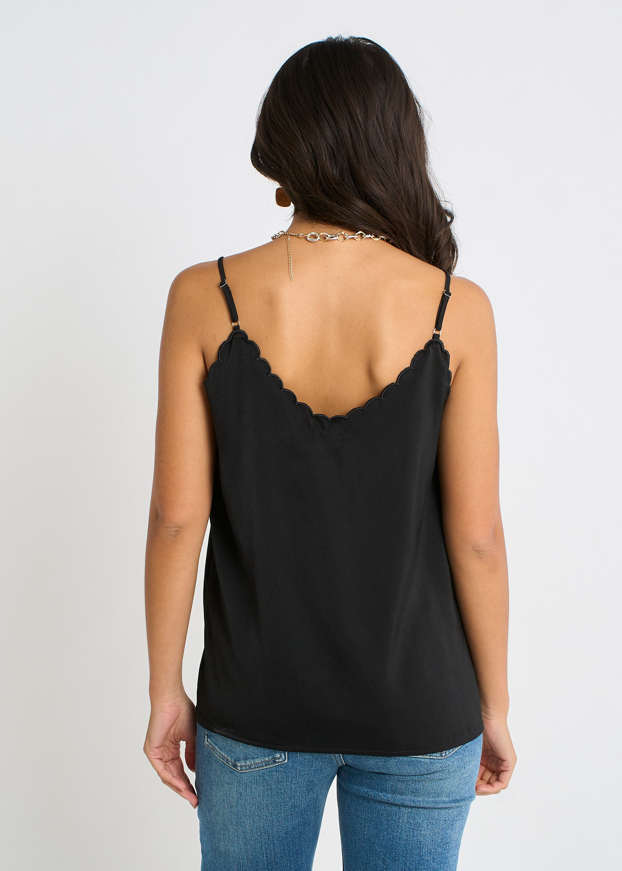 Gini London Black Satin Scallop Detail Cami Top