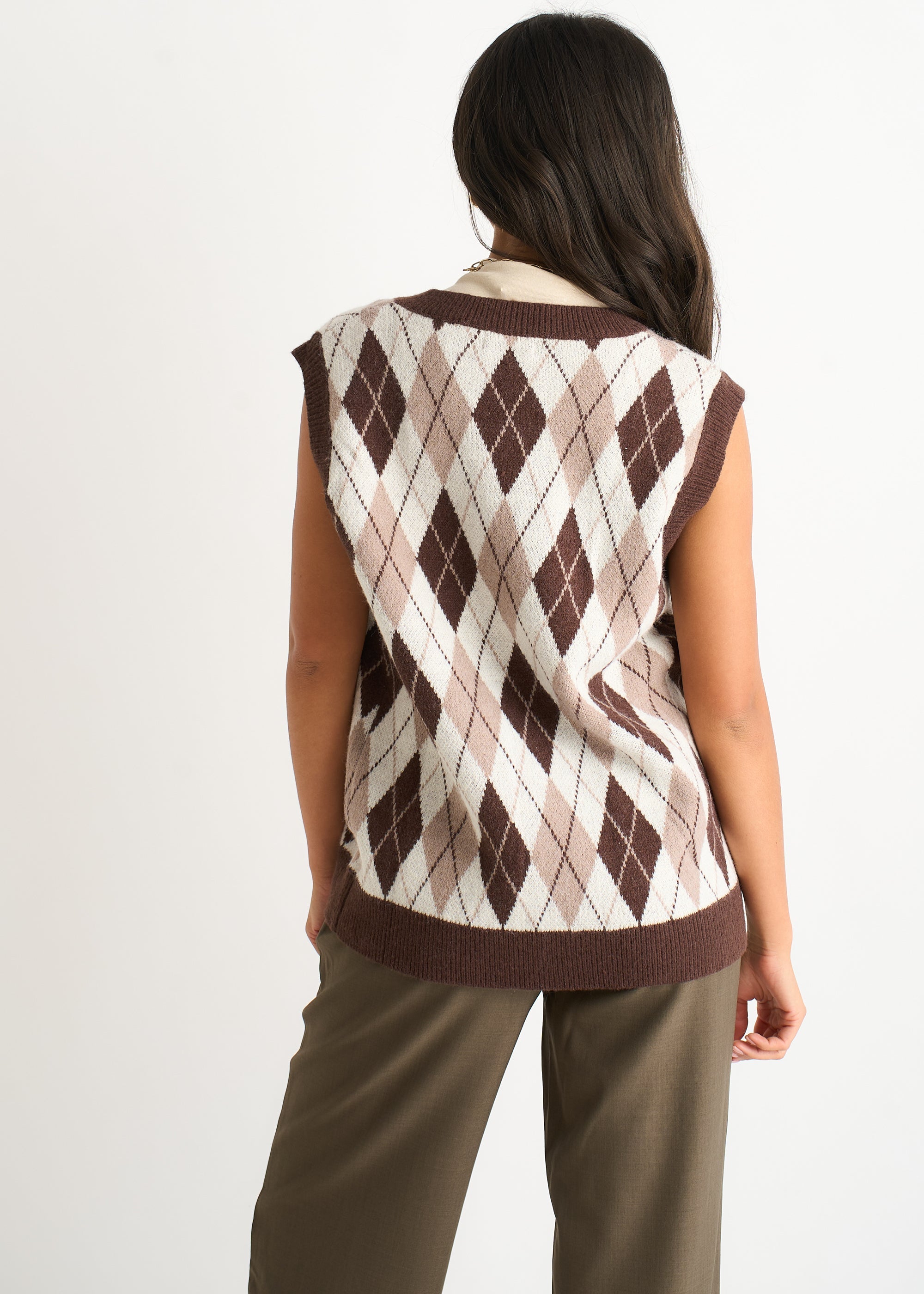 Gini London Chocolate Argyle Knit Vest Jumper