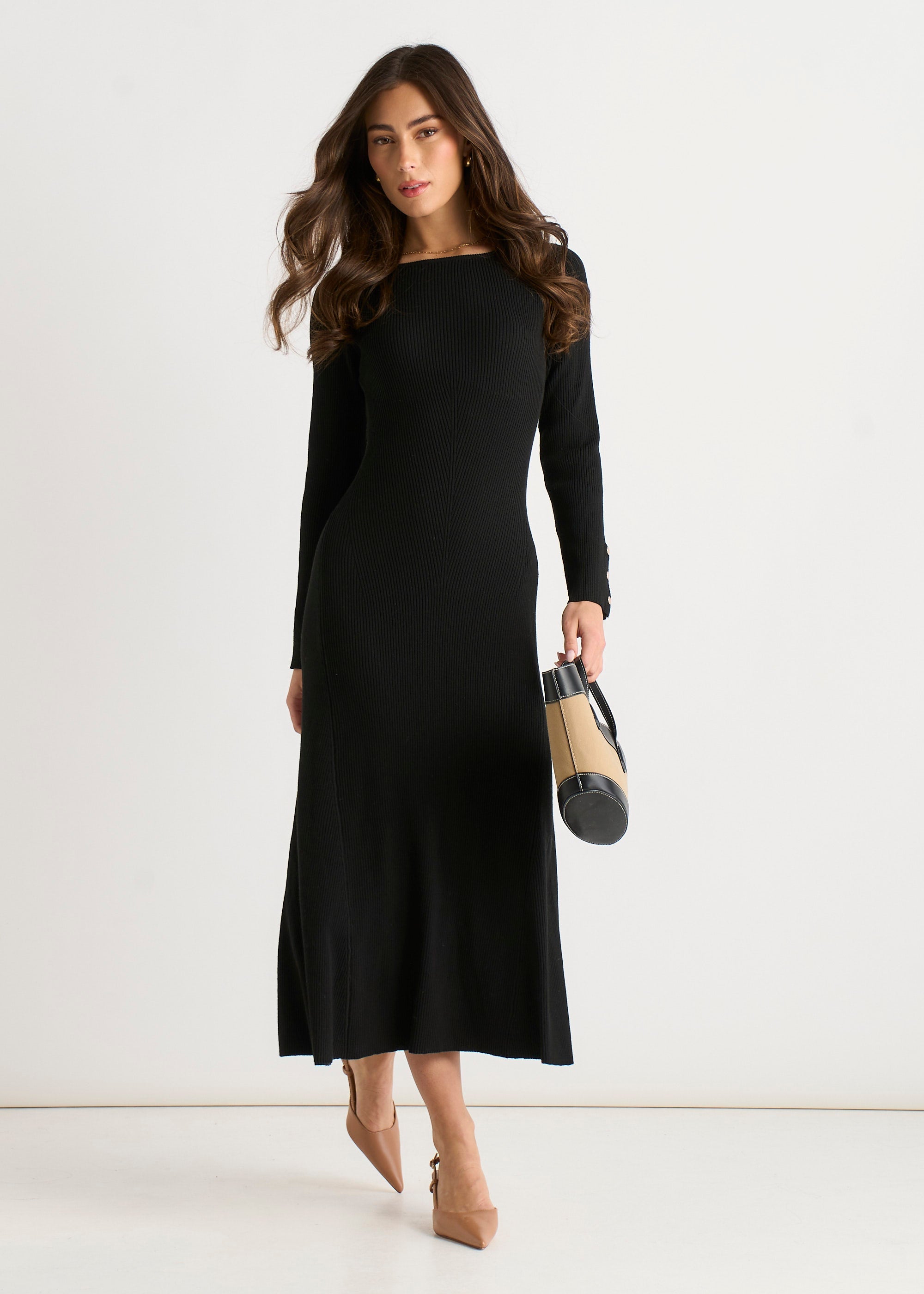Gini London Black Slash Neck Knitted Fit & Flare Dress