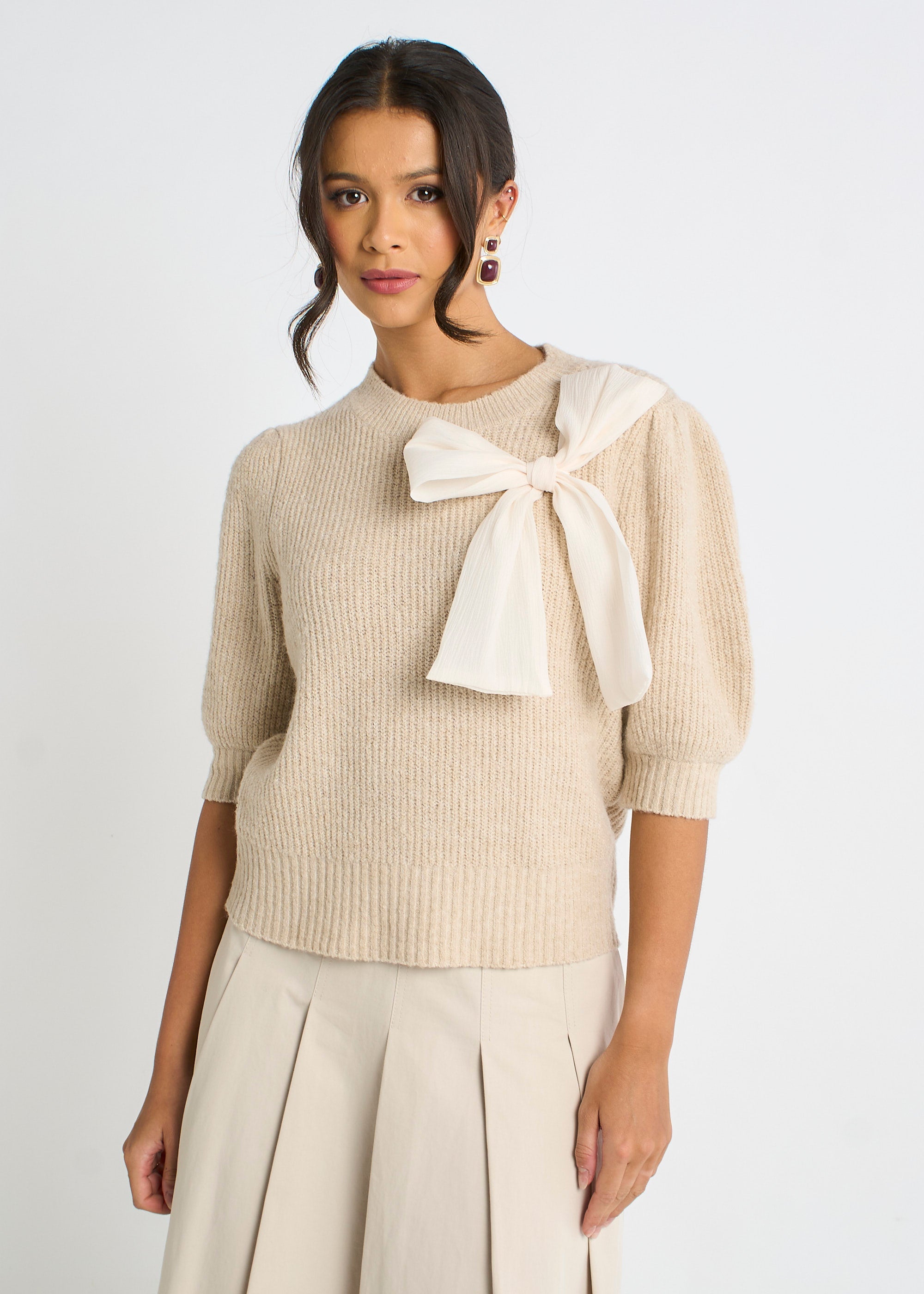 Gini London Mocha Chiffon Bow Knitted Jumper