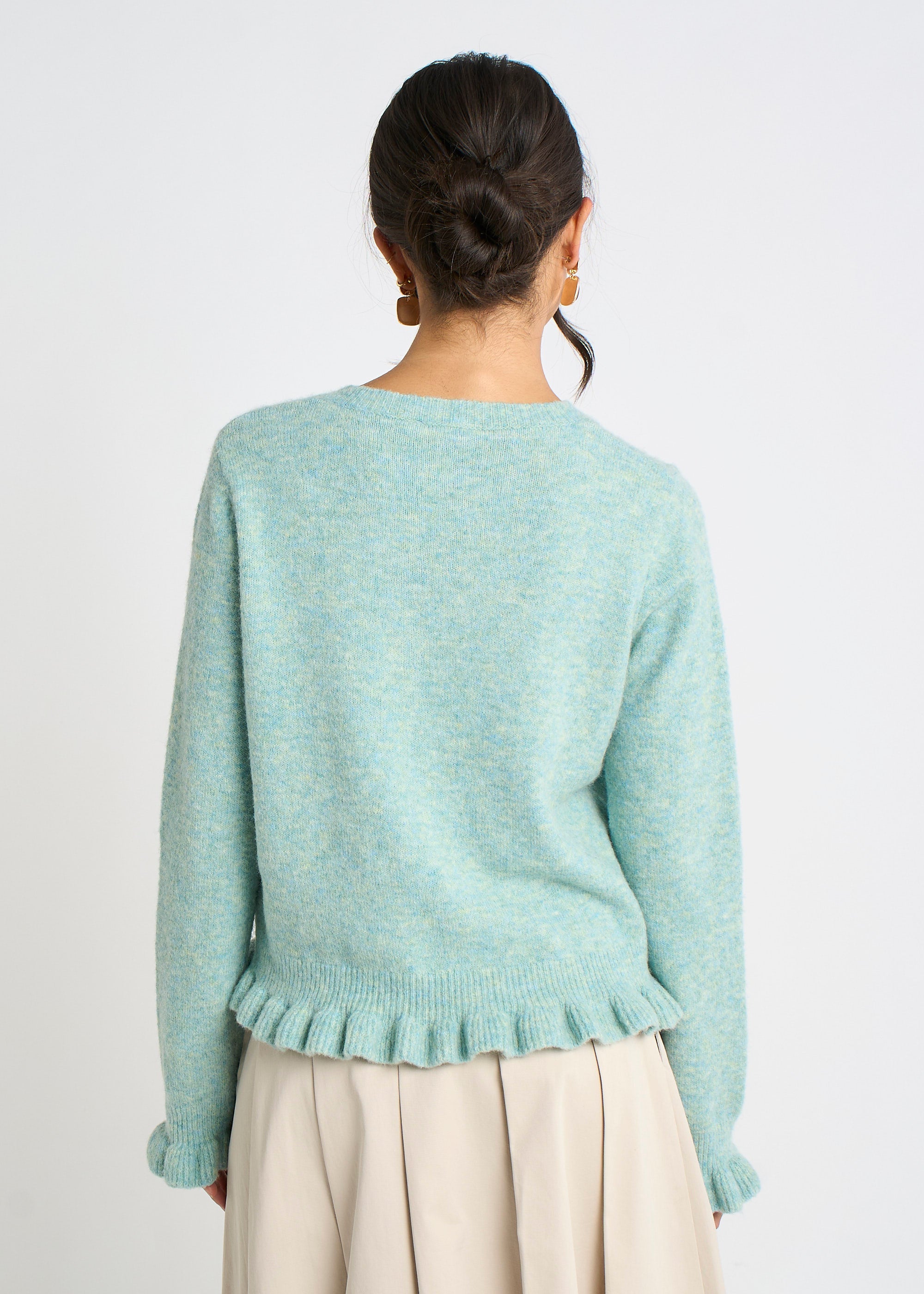 Gini London Green Long Sleeve Ruffle Front Cardigan