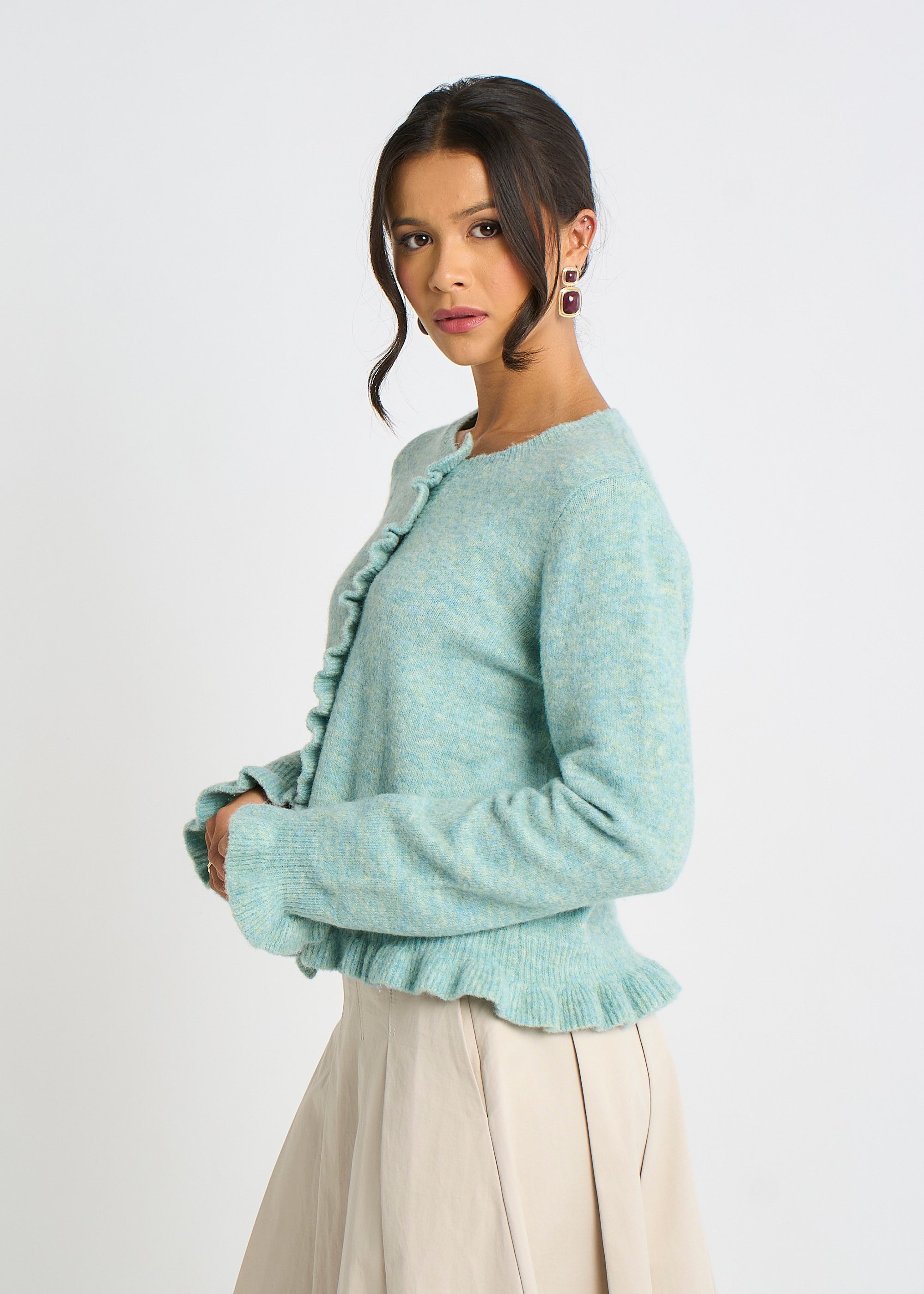 Gini London Green Long Sleeve Ruffle Front Cardigan