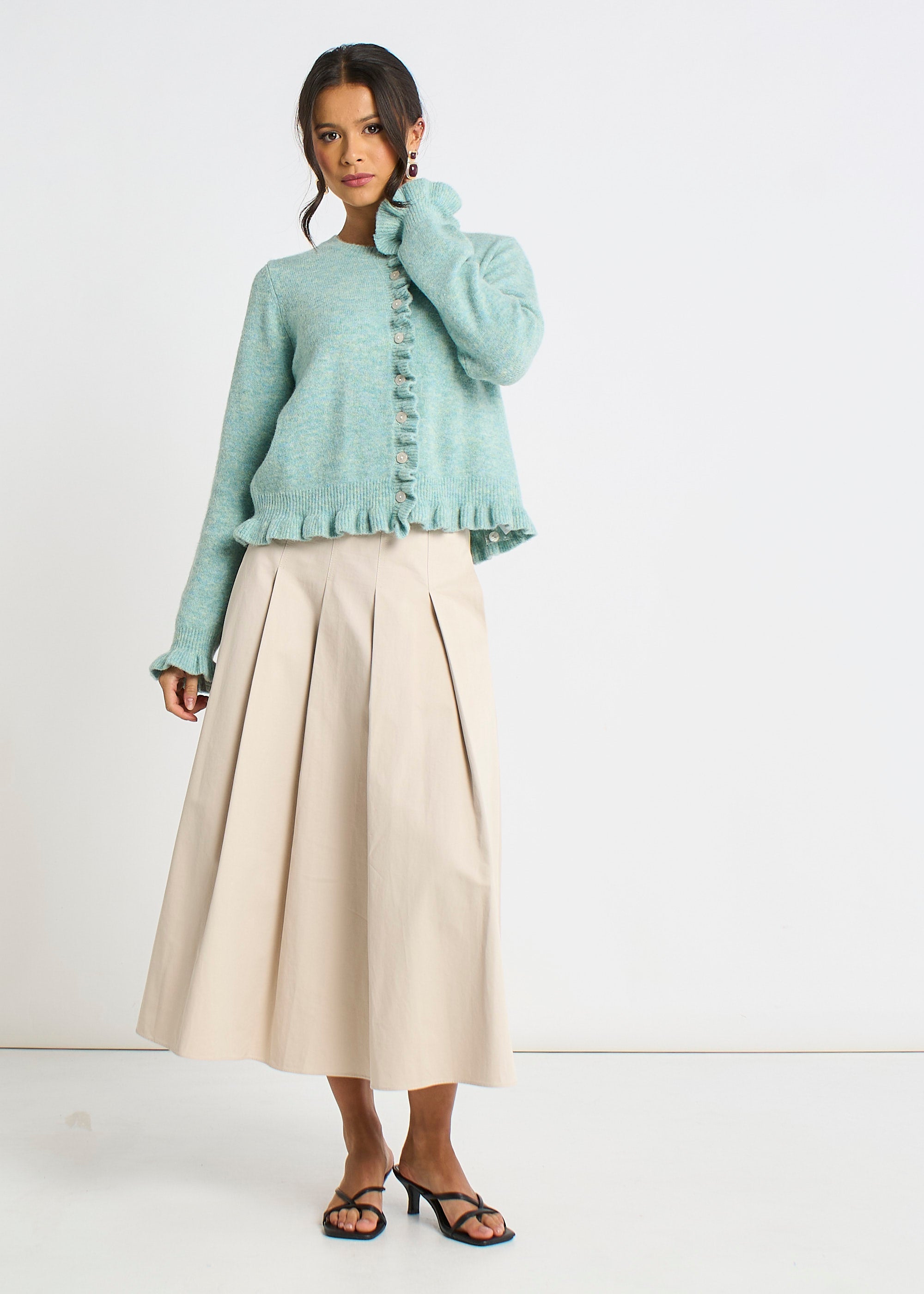 Gini London Green Long Sleeve Ruffle Front Cardigan