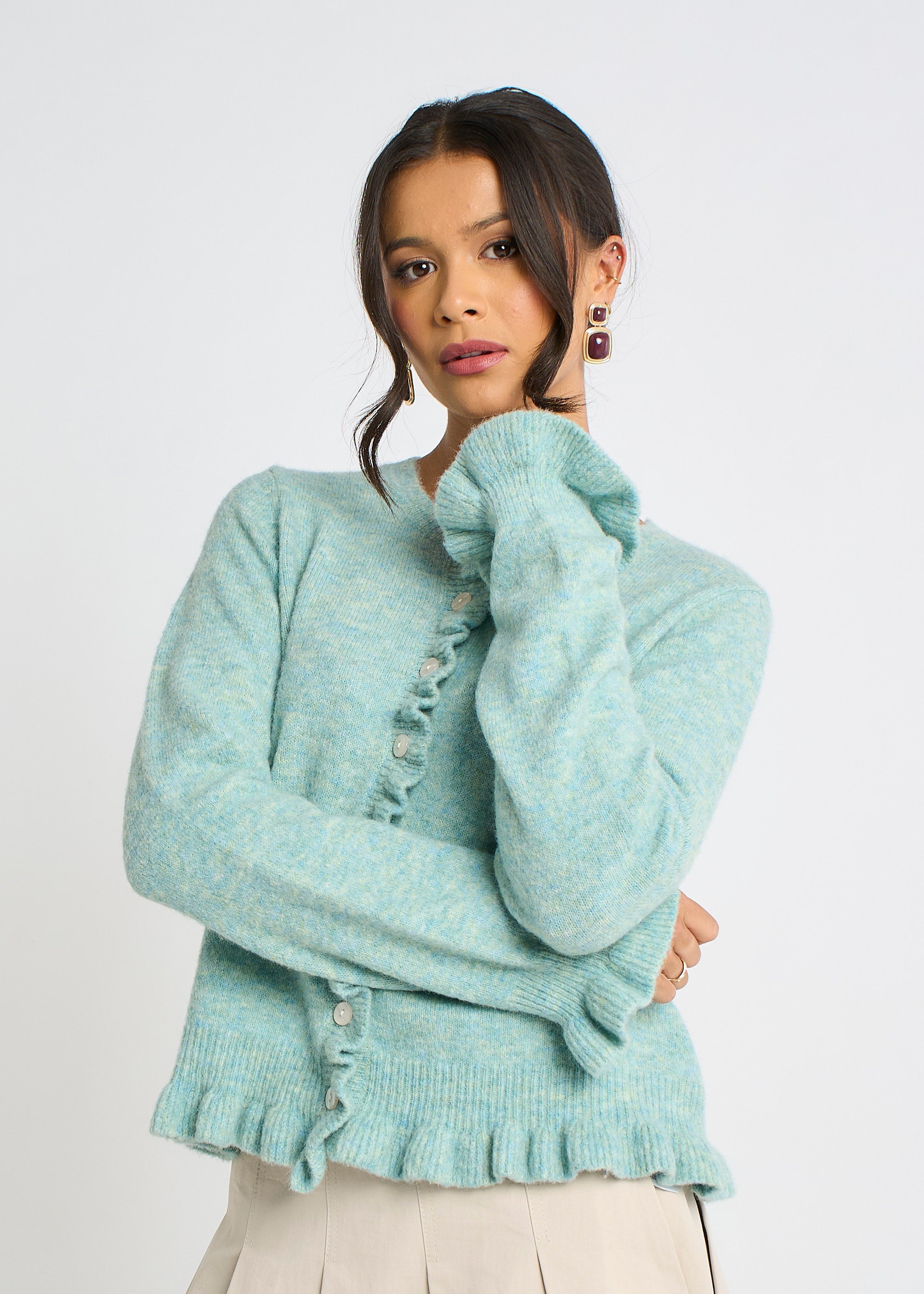 Gini London Green Long Sleeve Ruffle Front Cardigan