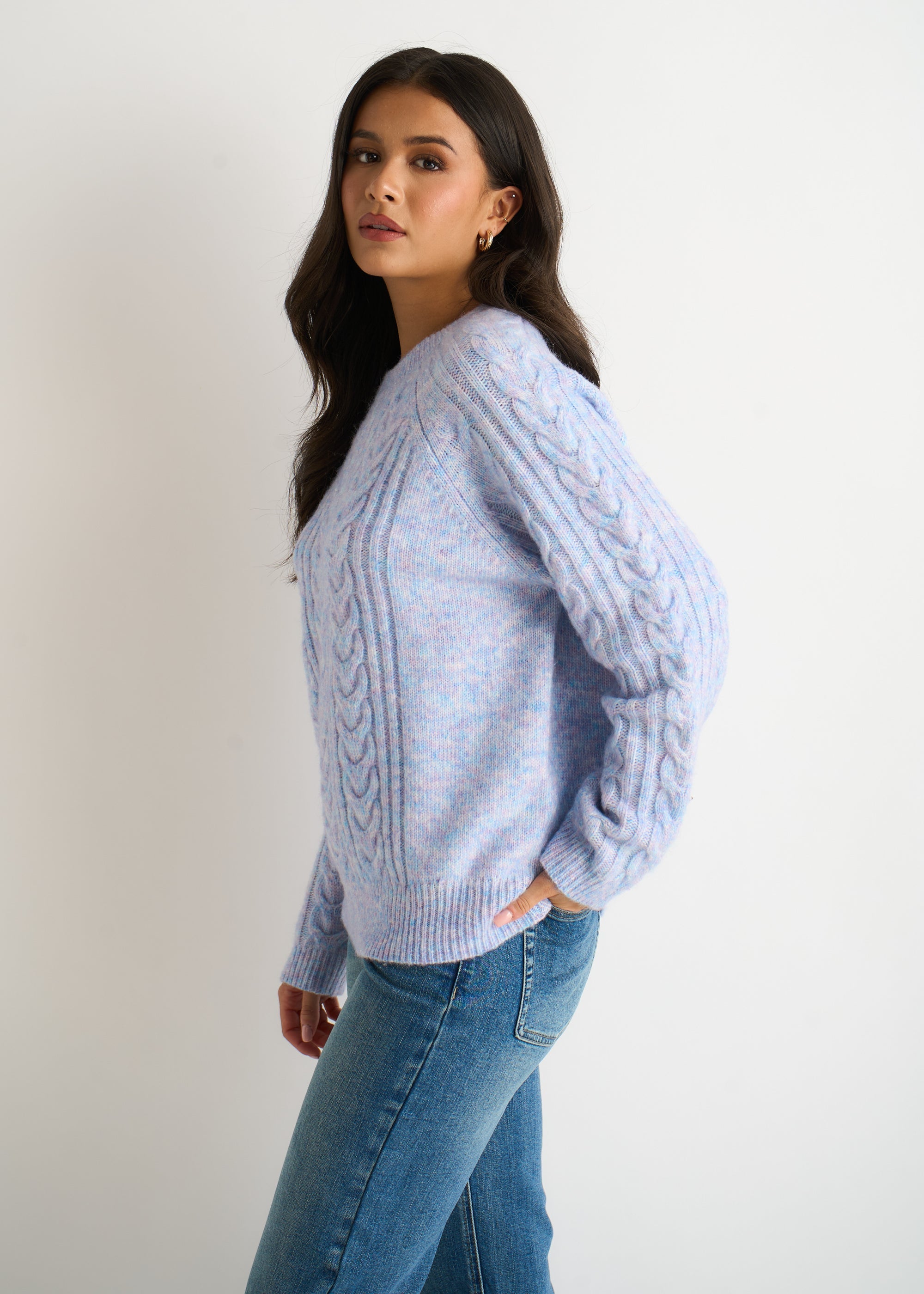 Gini London Blue Pastel Cable Knit Crew Neck Jumper