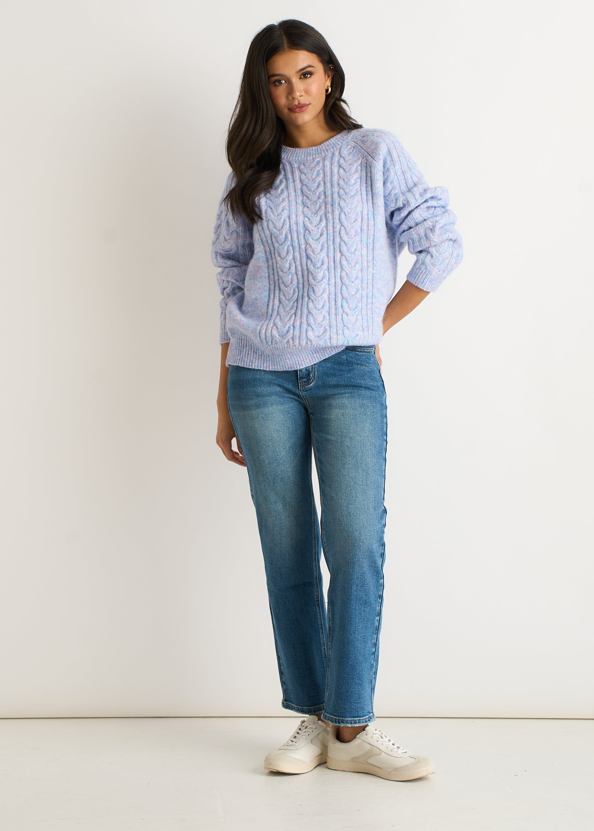 Gini London Blue Pastel Cable Knit Crew Neck Jumper