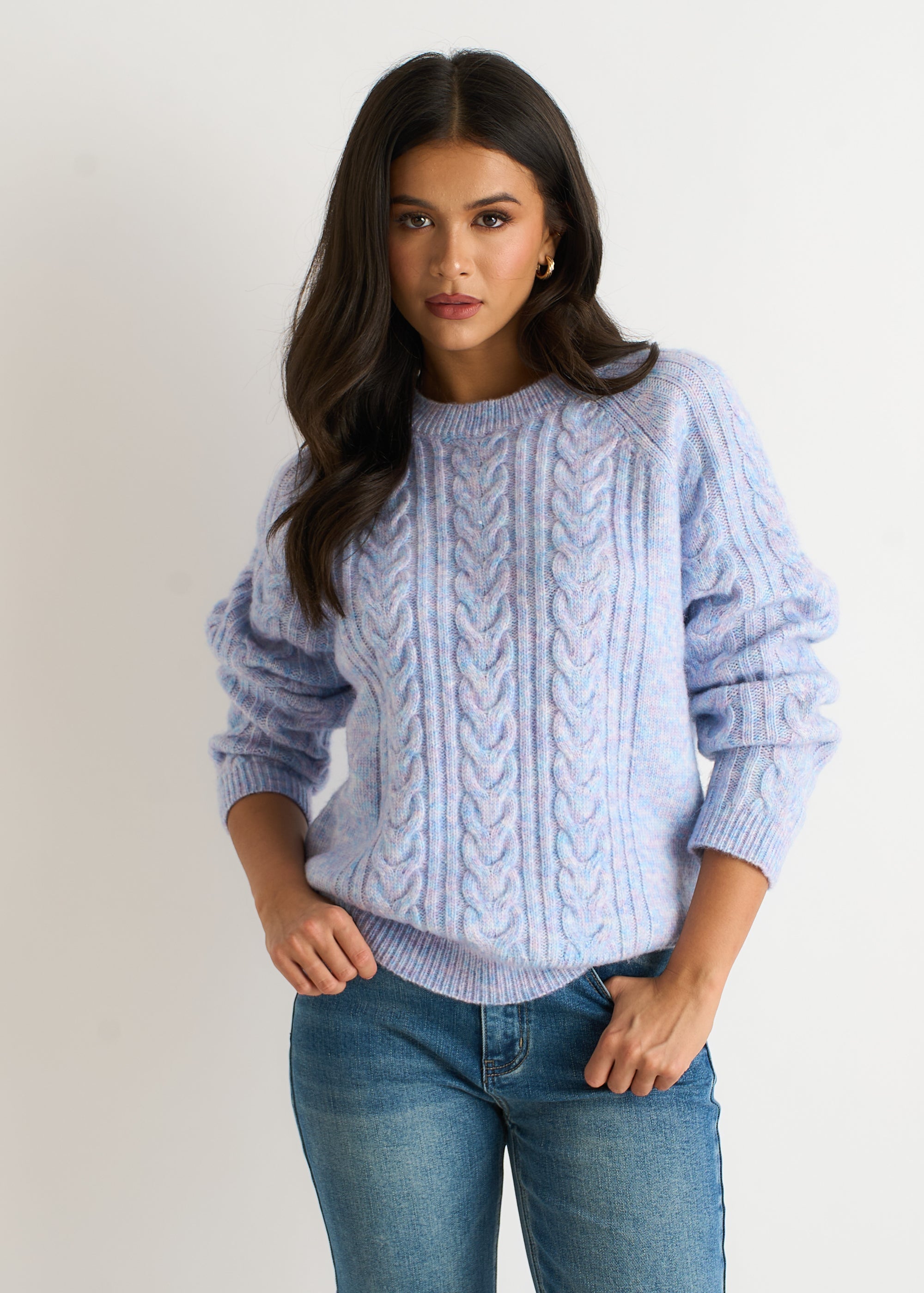 Gini London Blue Pastel Cable Knit Crew Neck Jumper