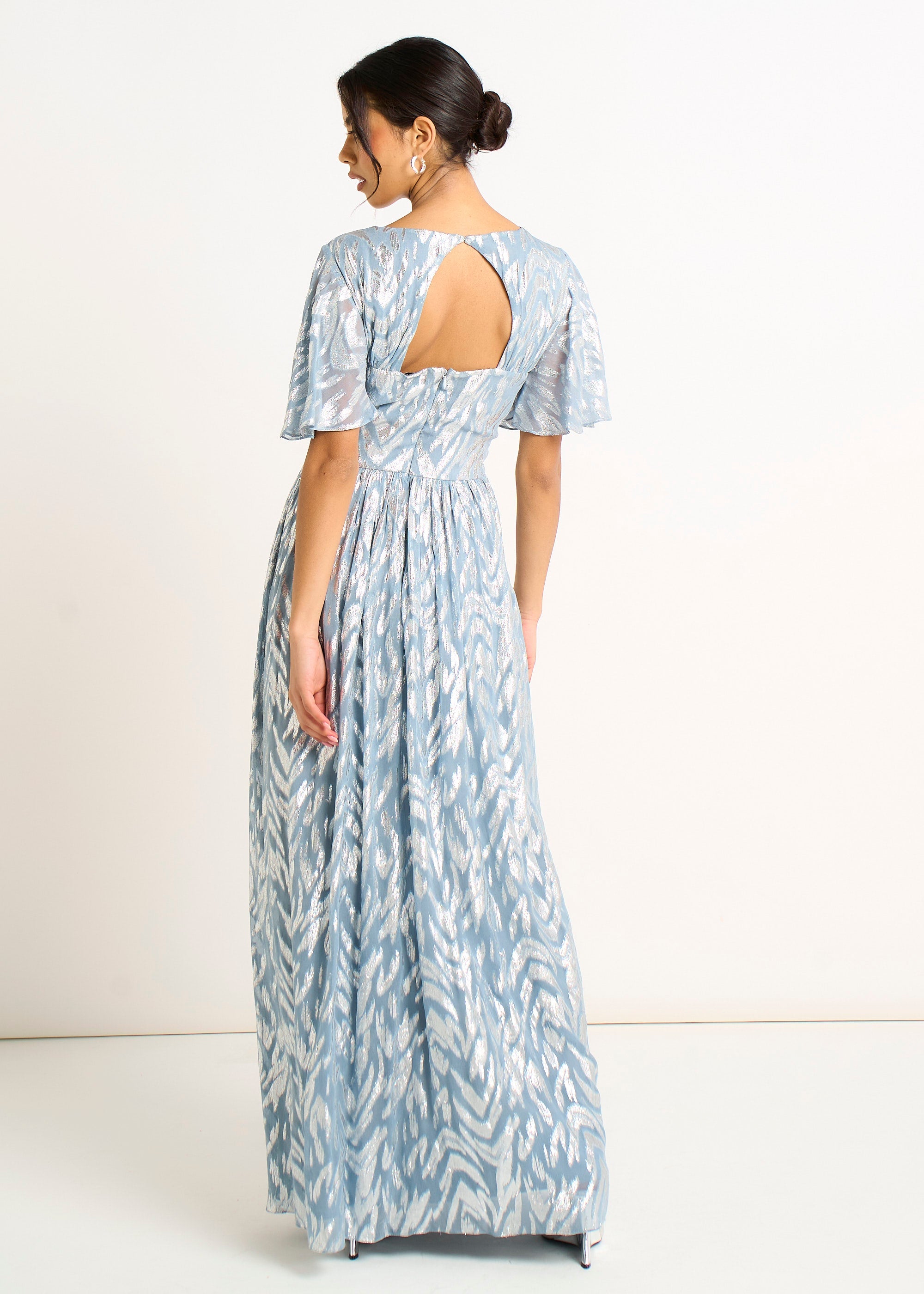 Gini London Blue Foil Metallic Print Short Sleeves Maxi Dress