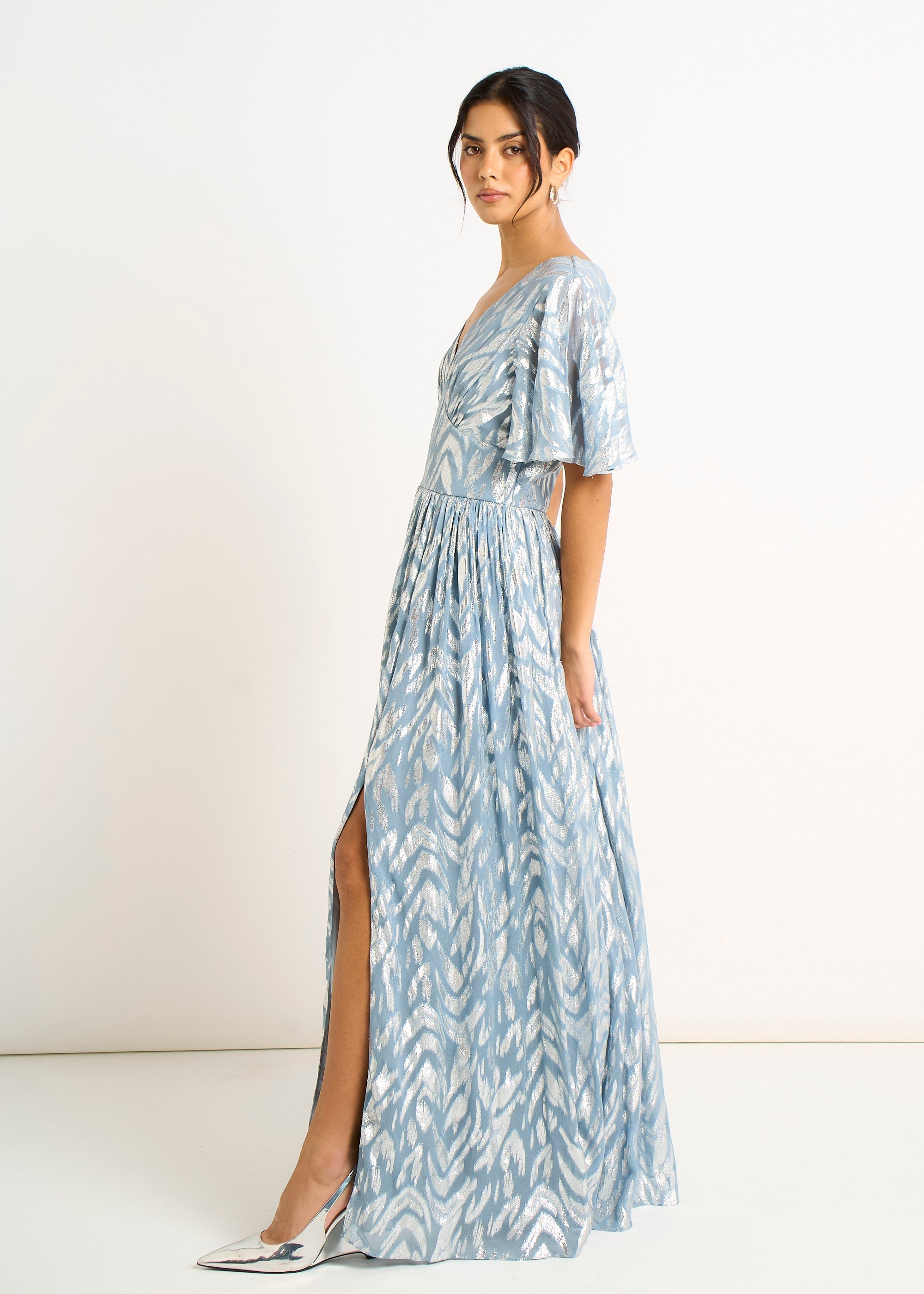 Gini London Blue Foil Metallic Print Short Sleeves Maxi Dress