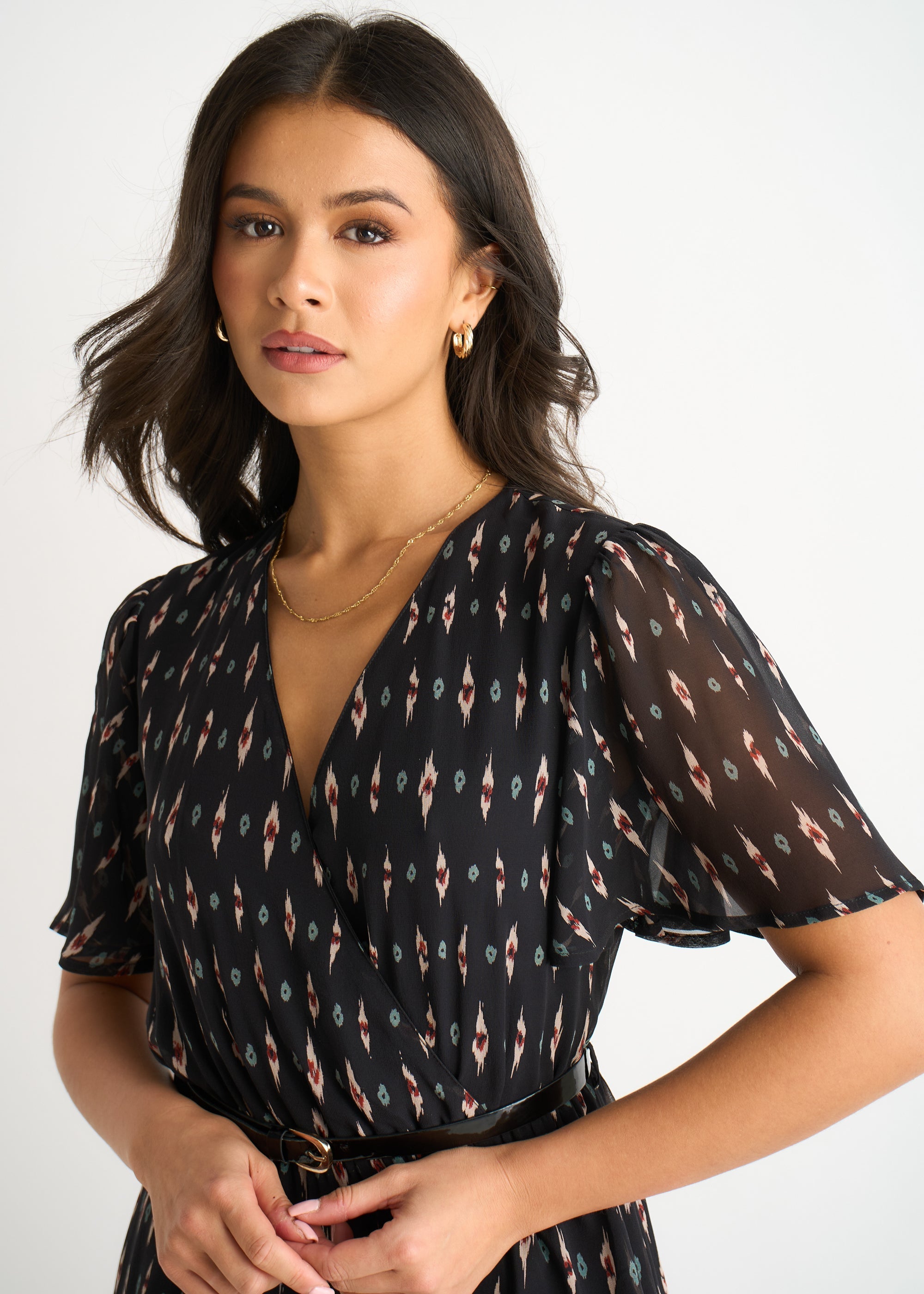 Gini London Black Silk Geo Print Midi Dress