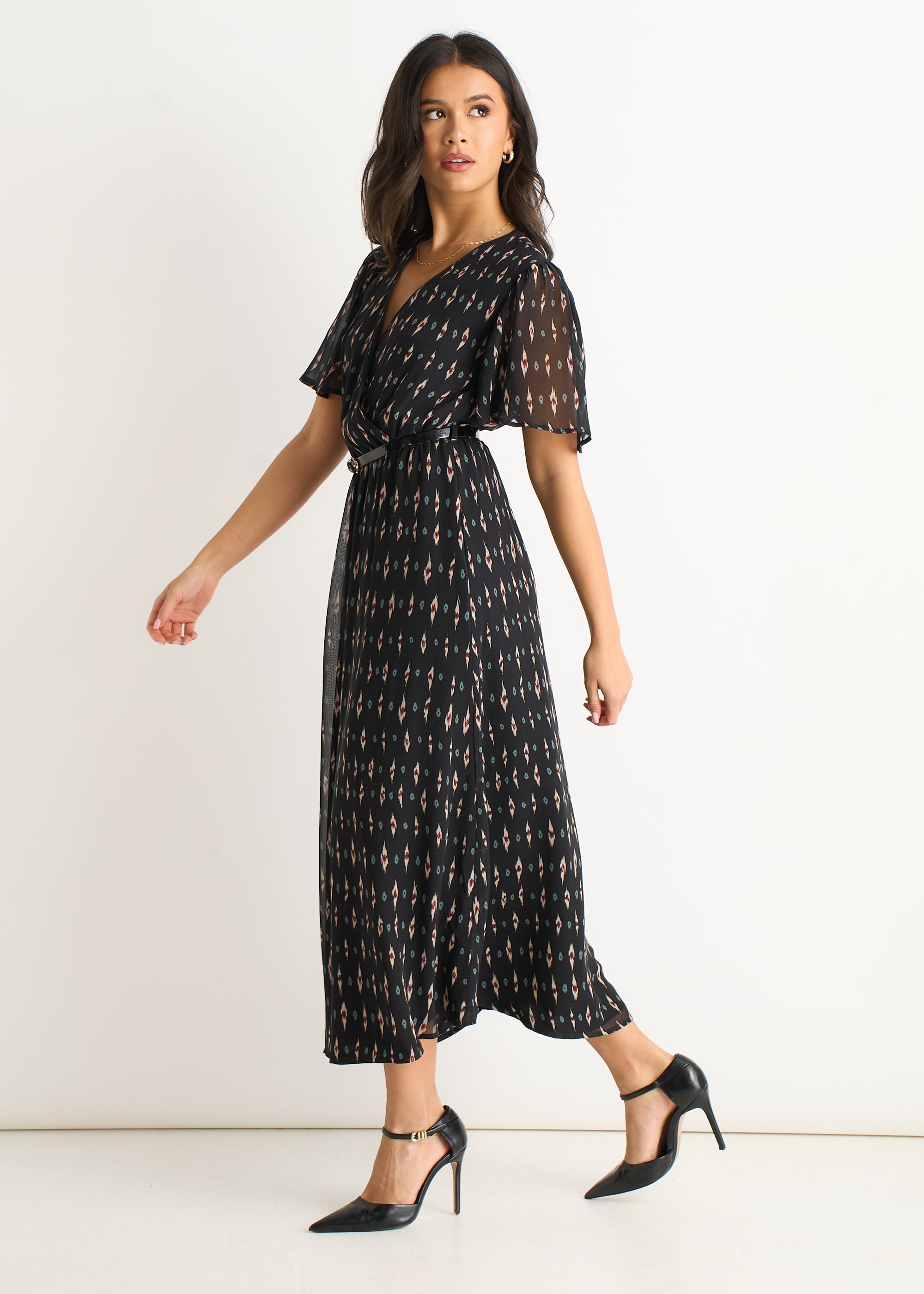 Gini London Black Silk Geo Print Midi Dress