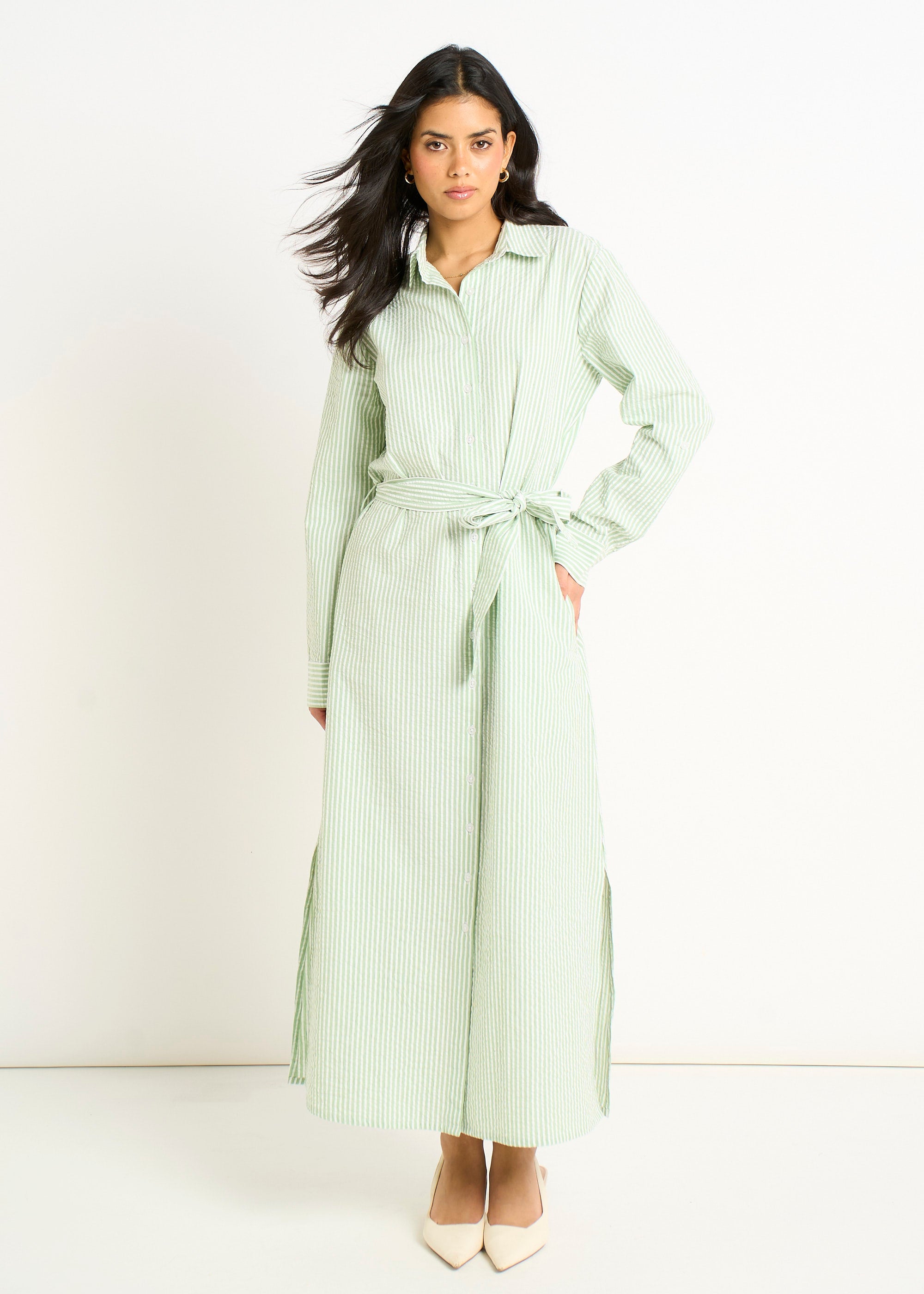 Gini London Green Long Sleeves Seersucker Stripe Shirt Dress