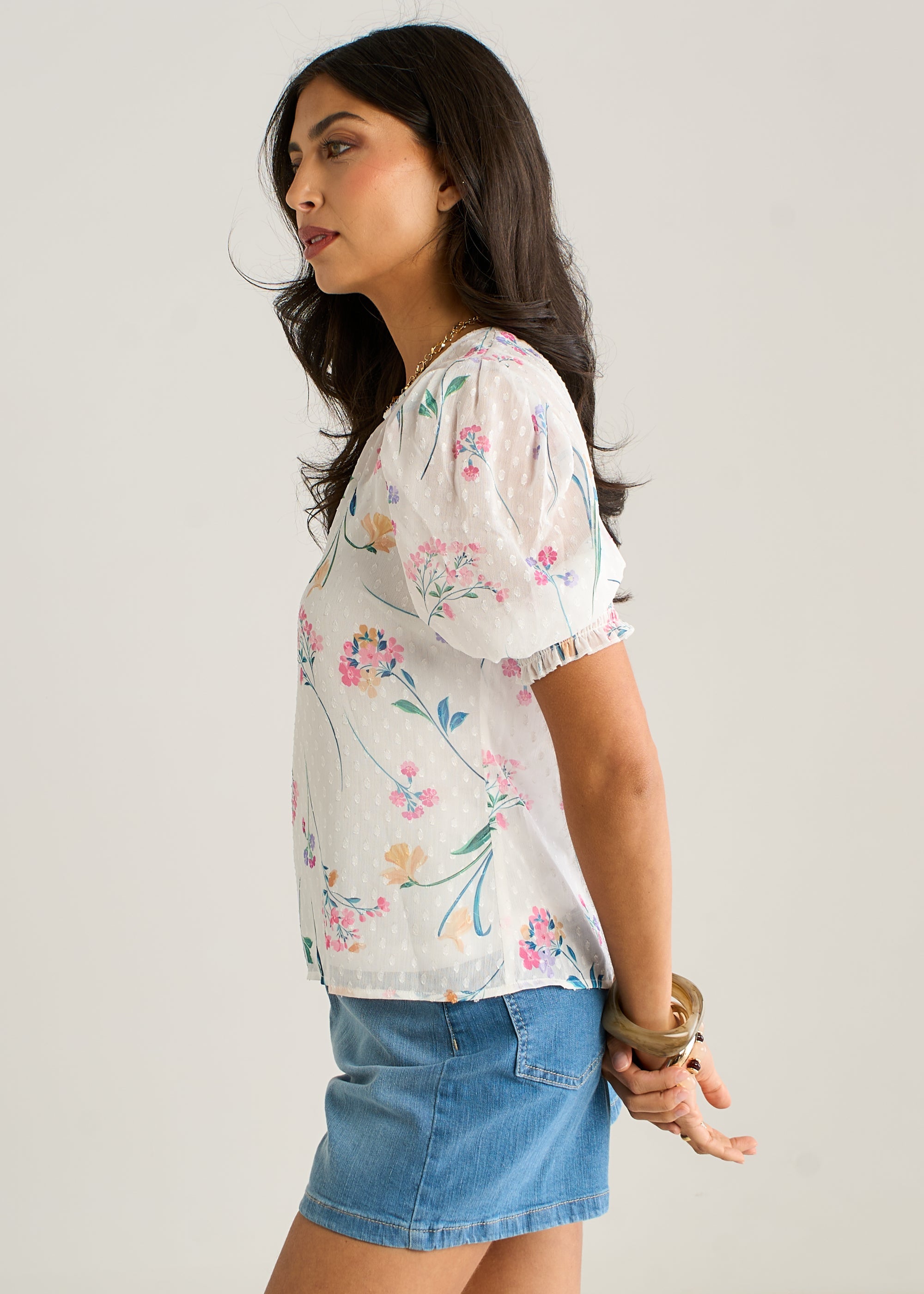 Gini London Off White Floral Dobby Chiffon Shirred Cuff Blouse