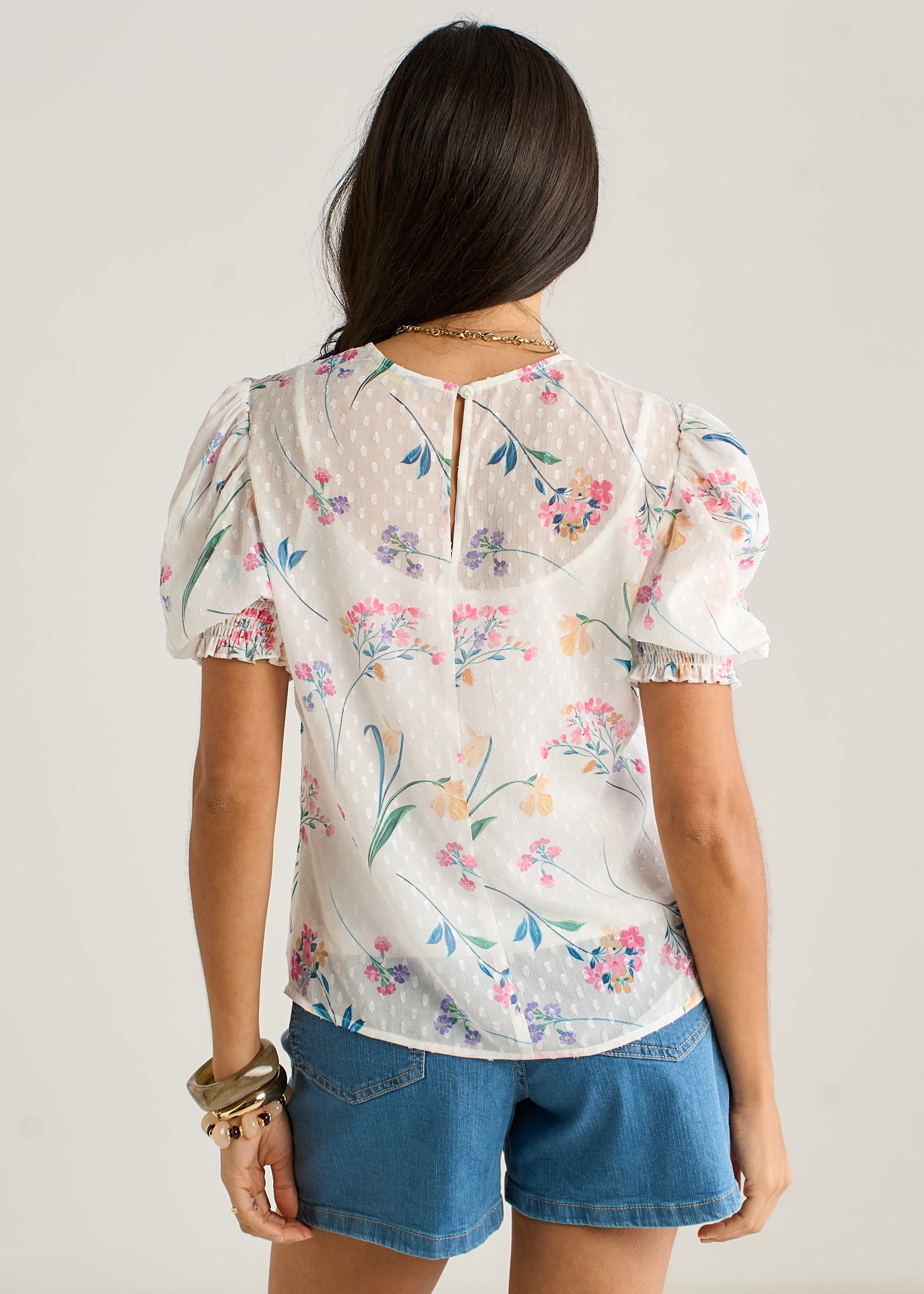 Gini London Off White Floral Dobby Chiffon Shirred Cuff Blouse