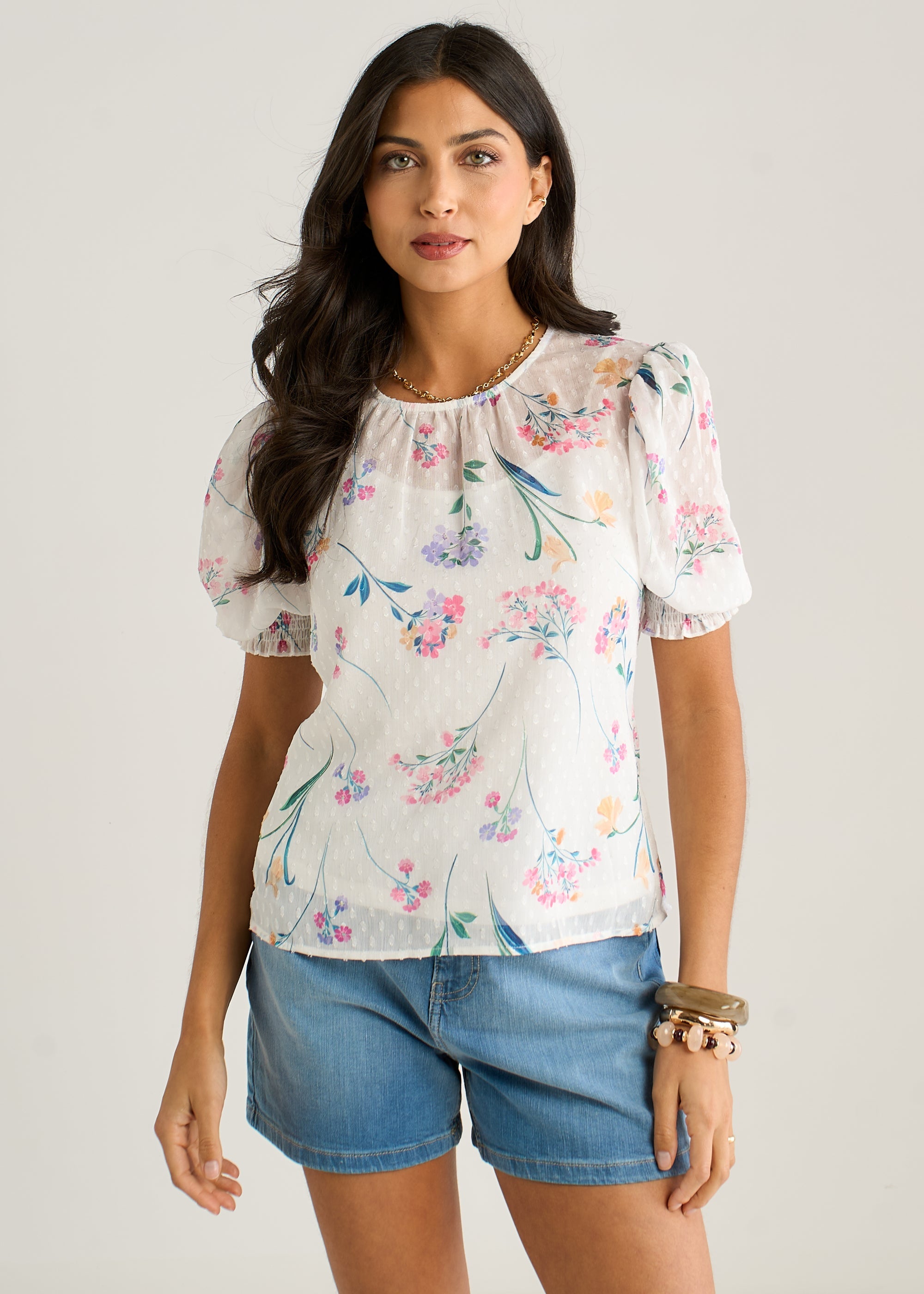 Gini London Off White Floral Dobby Chiffon Shirred Cuff Blouse