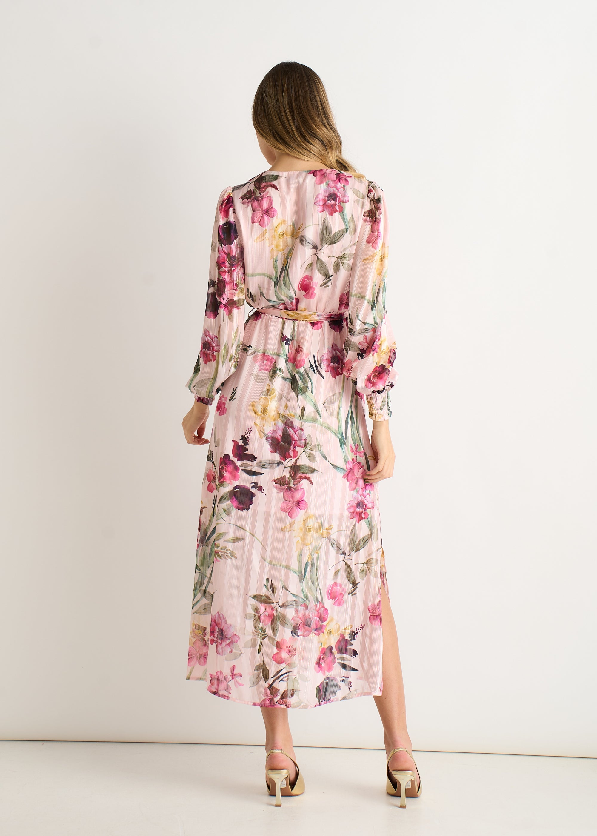 Gini London Pink Floral Print Sparkle Chiffon Wrap Midi Dress