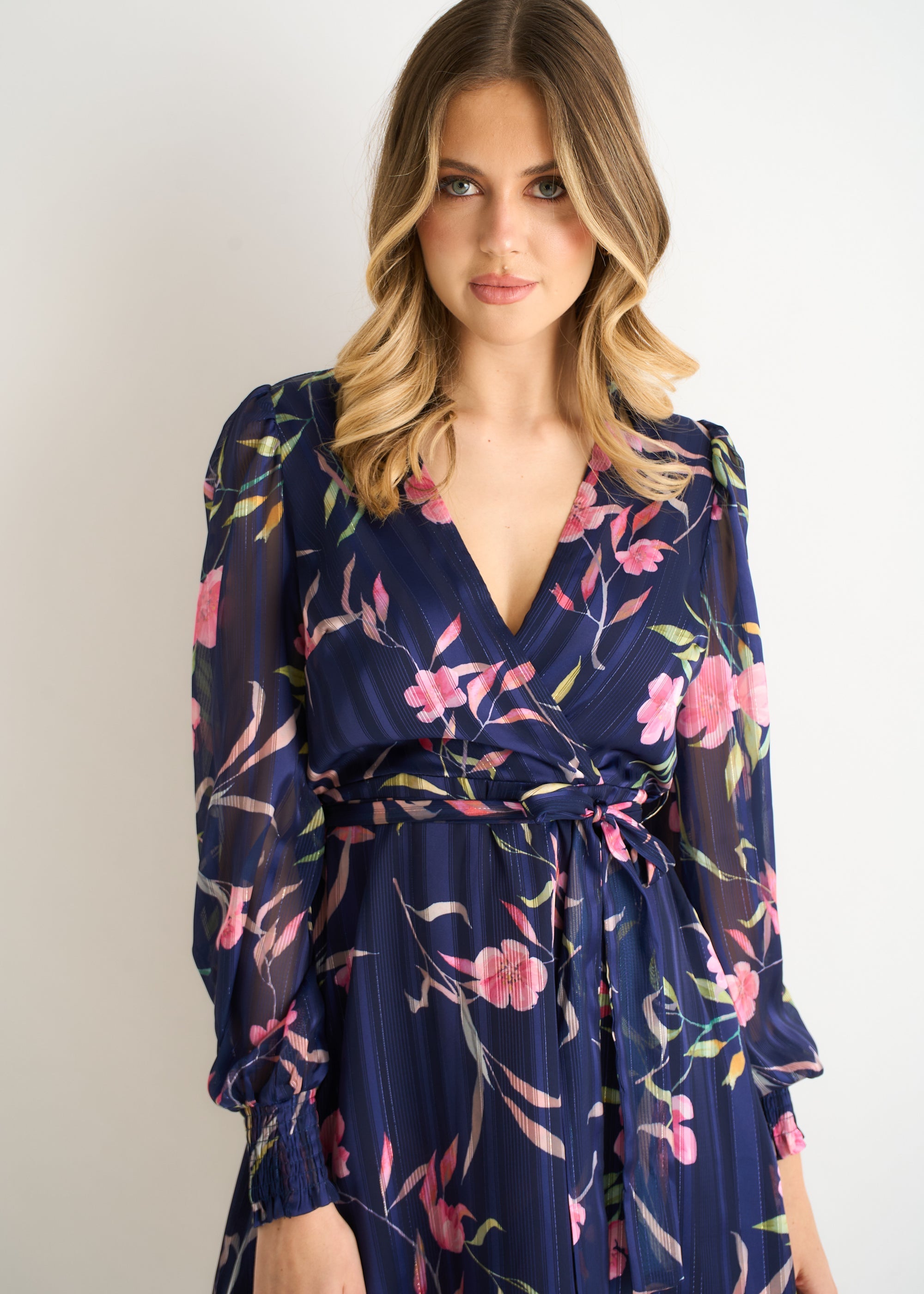 Gini London Navy Floral Print Shimmer Stripe Chiffon Wrap Mini Dress