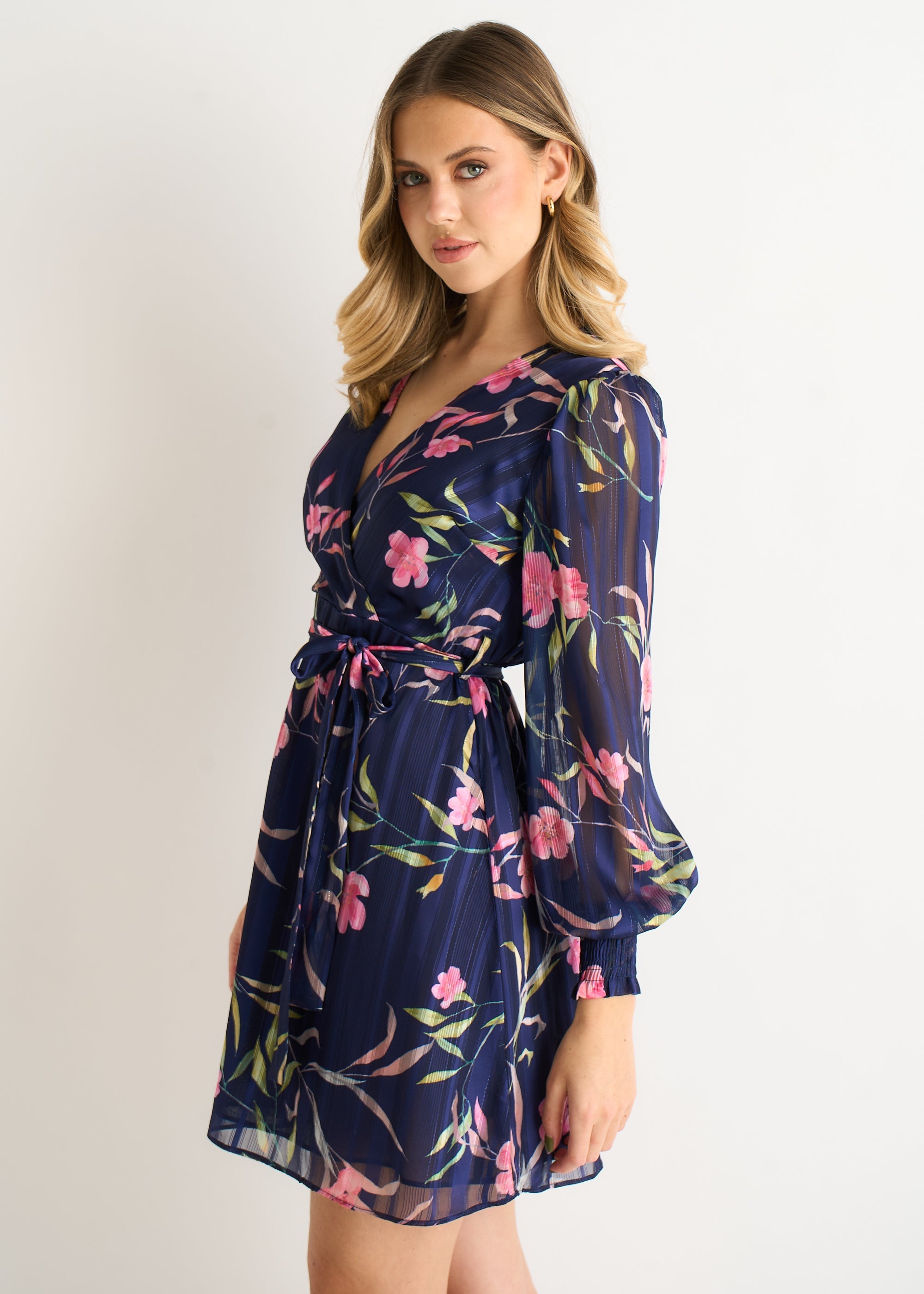 Gini London Navy Floral Print Shimmer Stripe Chiffon Wrap Mini Dress
