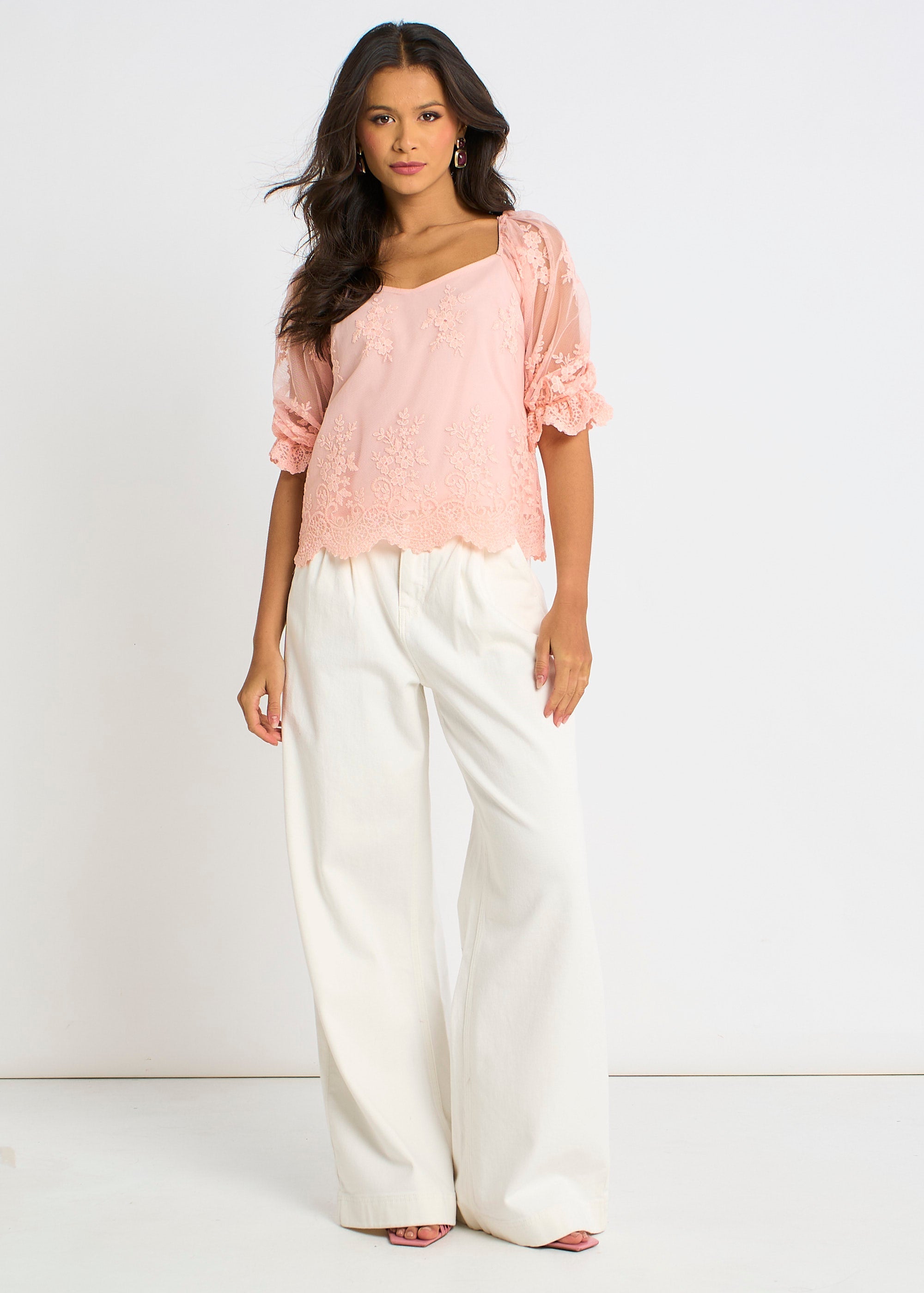 Gini London Pink Embroidered Lace Scallop Blouse