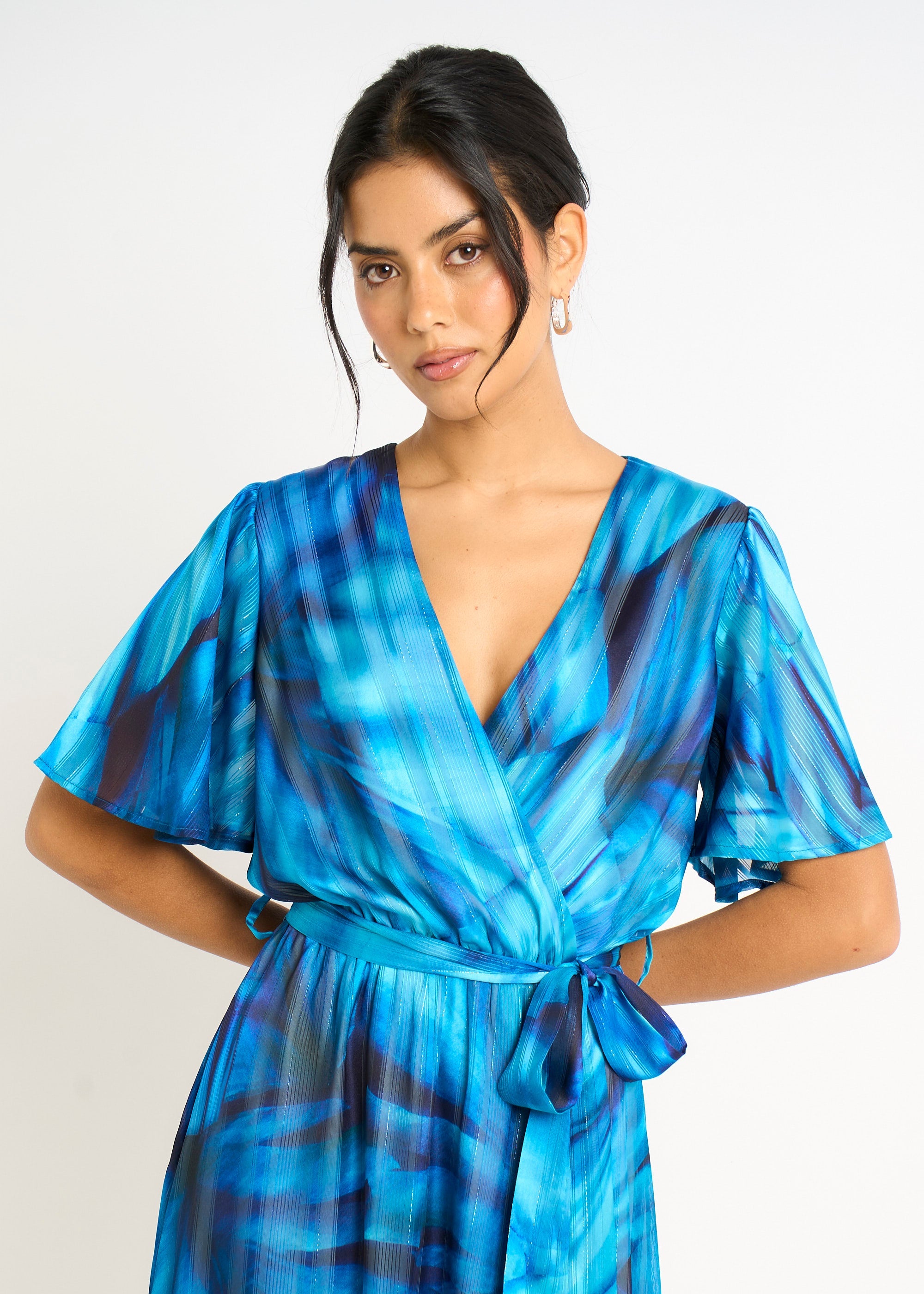 Gini London Blue Tie Dye Print Wrap Midi Dress