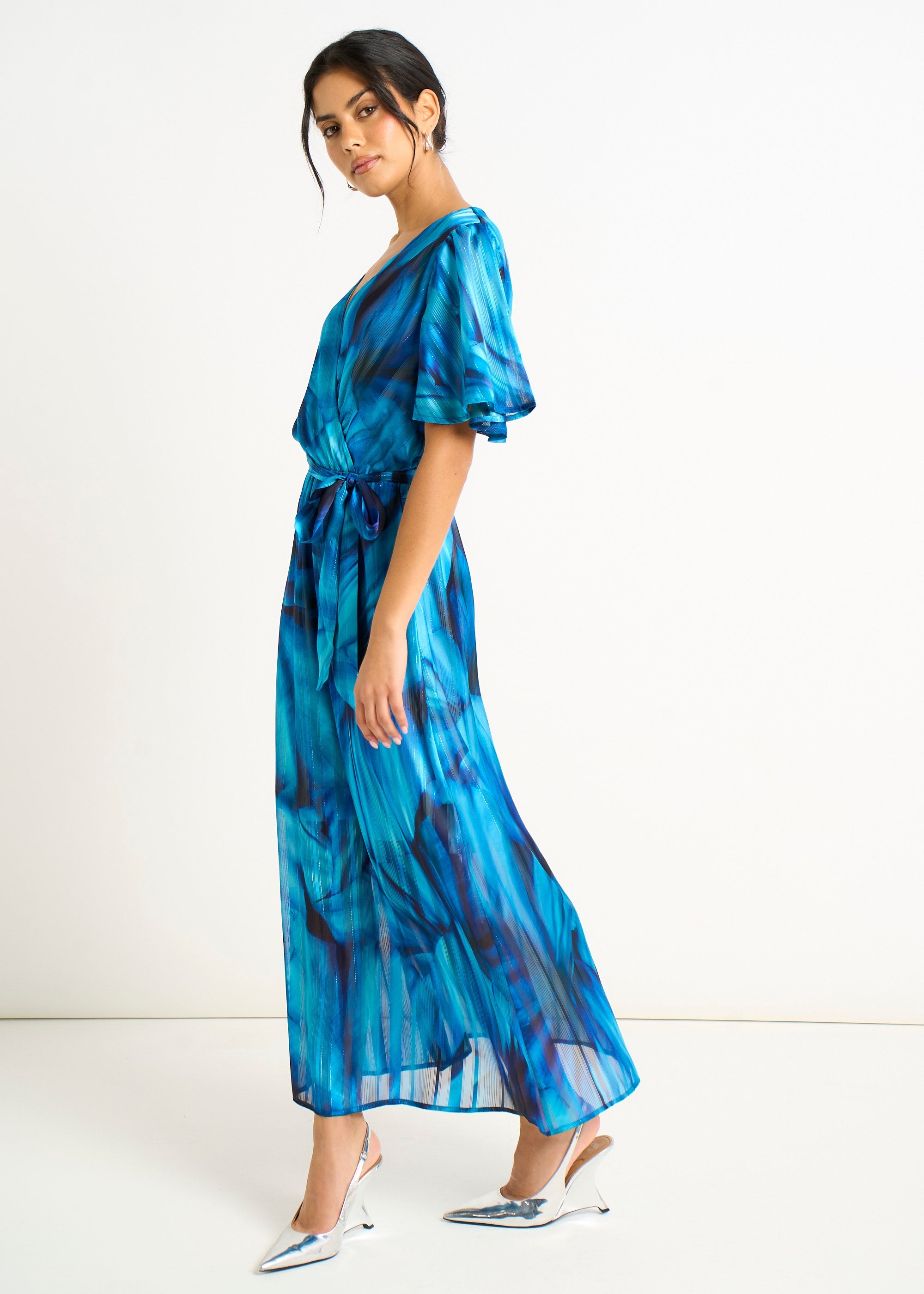 Gini London Blue Tie Dye Print Wrap Midi Dress