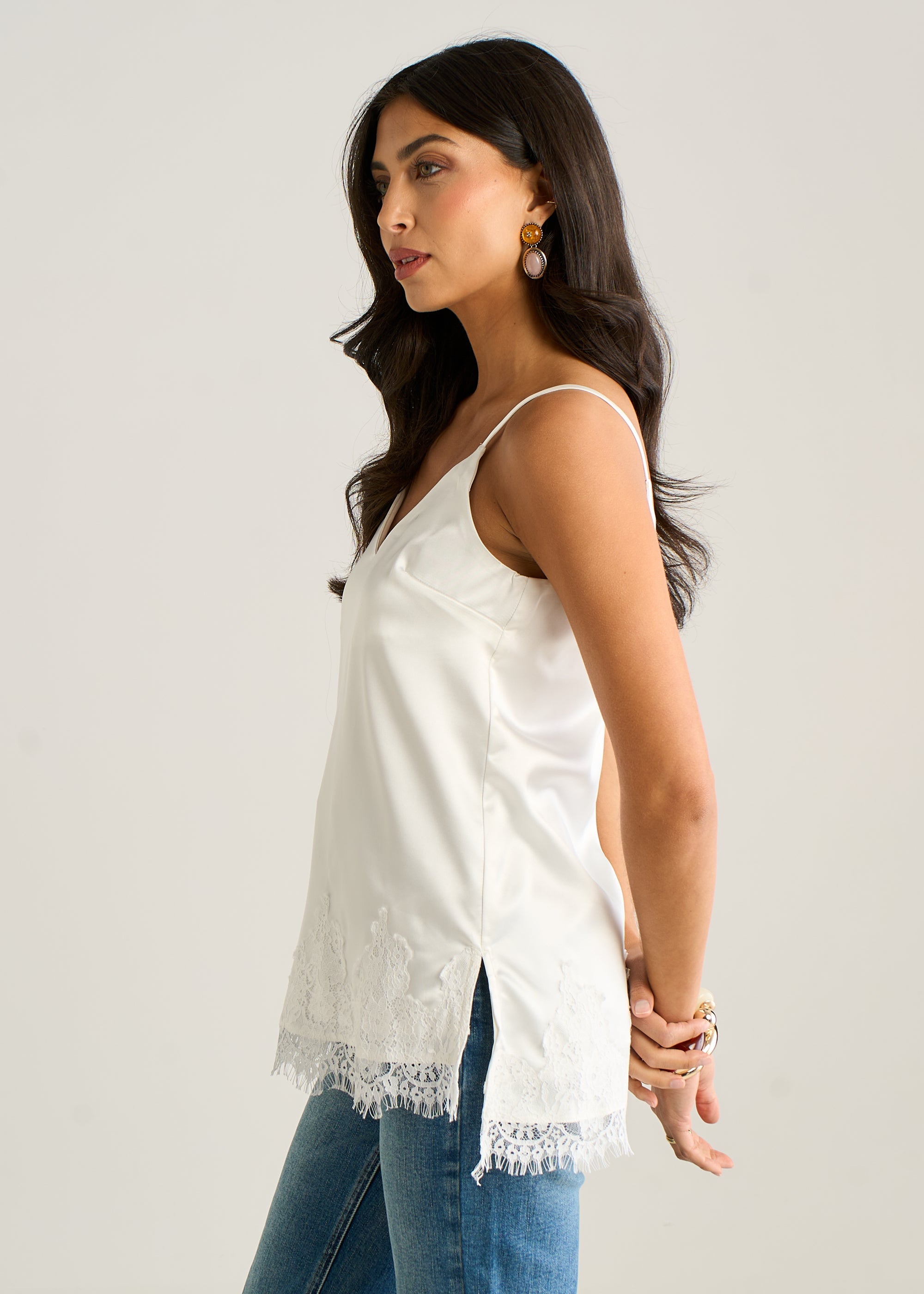 Gini London White Lace Trim Satin Cami Top