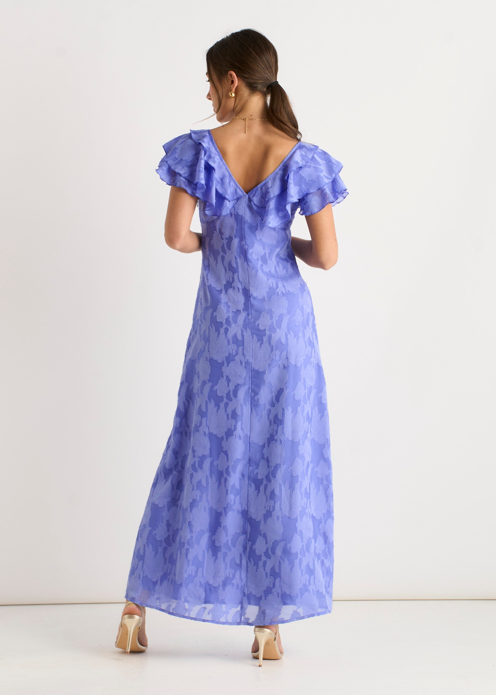 Gini London Blue Satin Jacquard Ruffle Maxi Dress