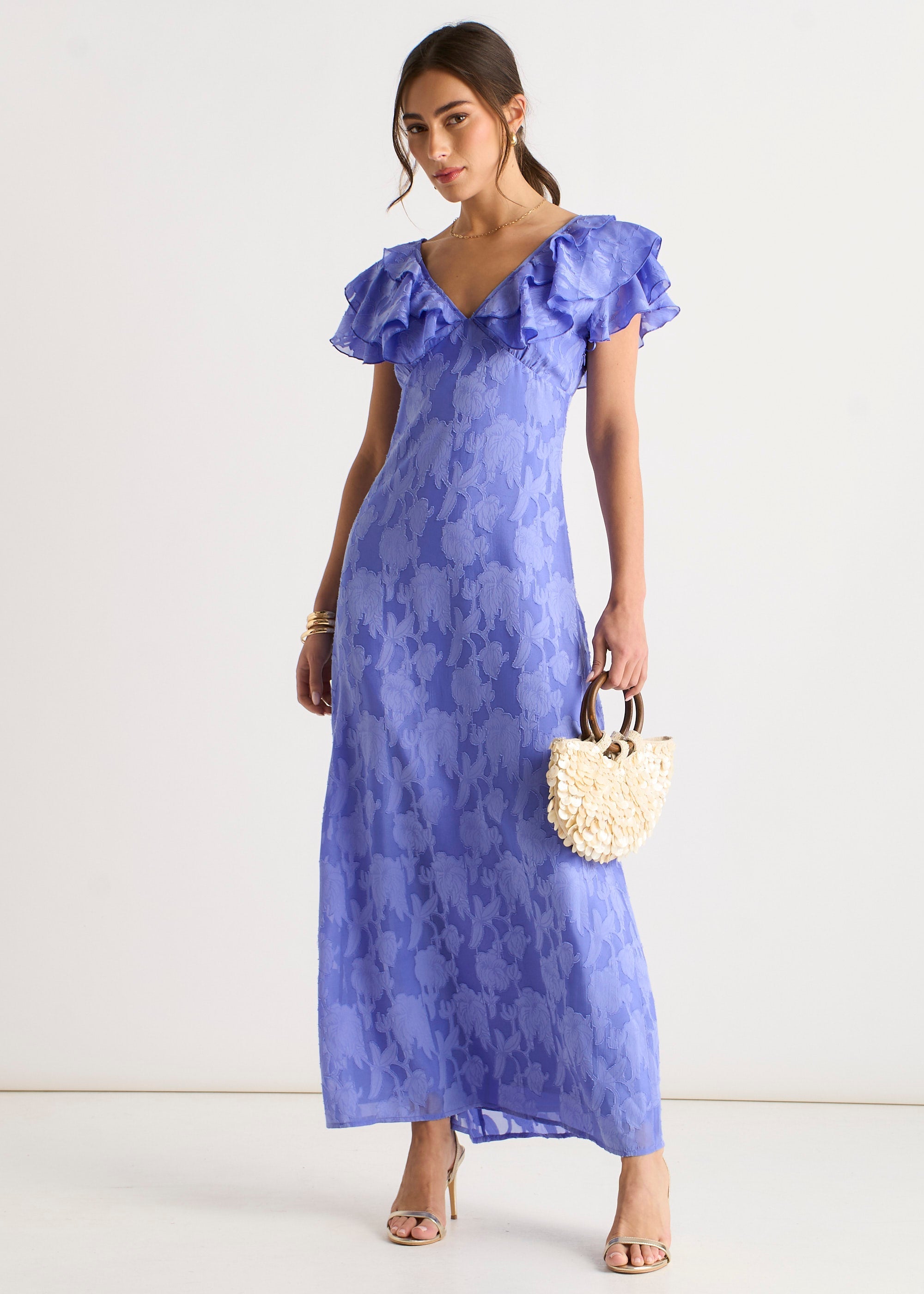 Gini London Blue Satin Jacquard Ruffle Maxi Dress