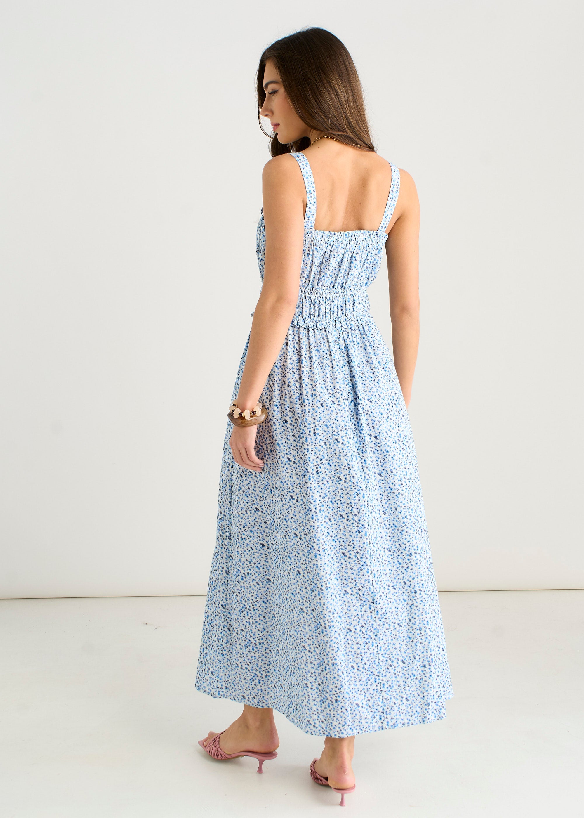Gini London Blue Ditsy Floral Shirred Bodice Midi Dress