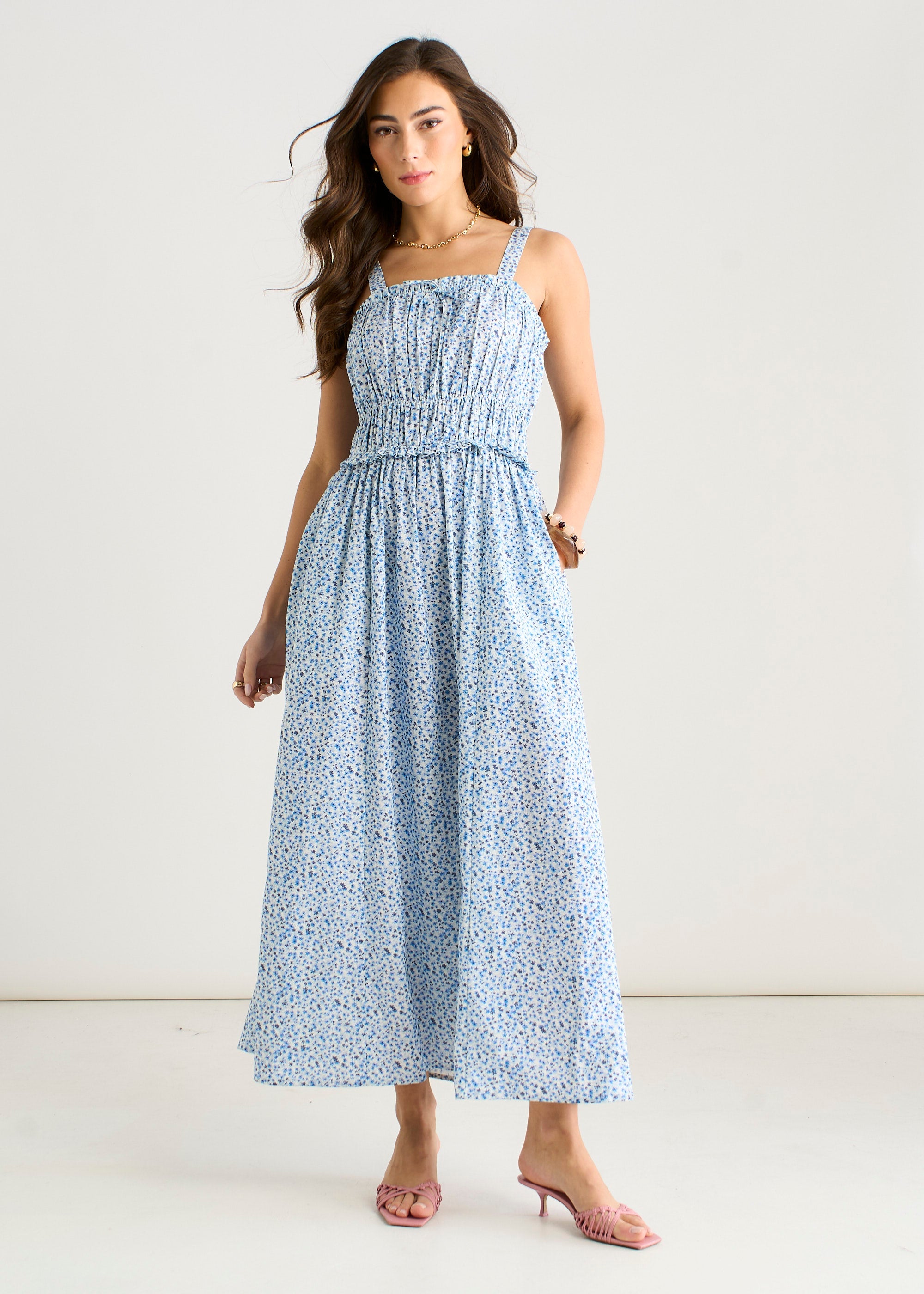 Gini London Blue Ditsy Floral Shirred Bodice Midi Dress