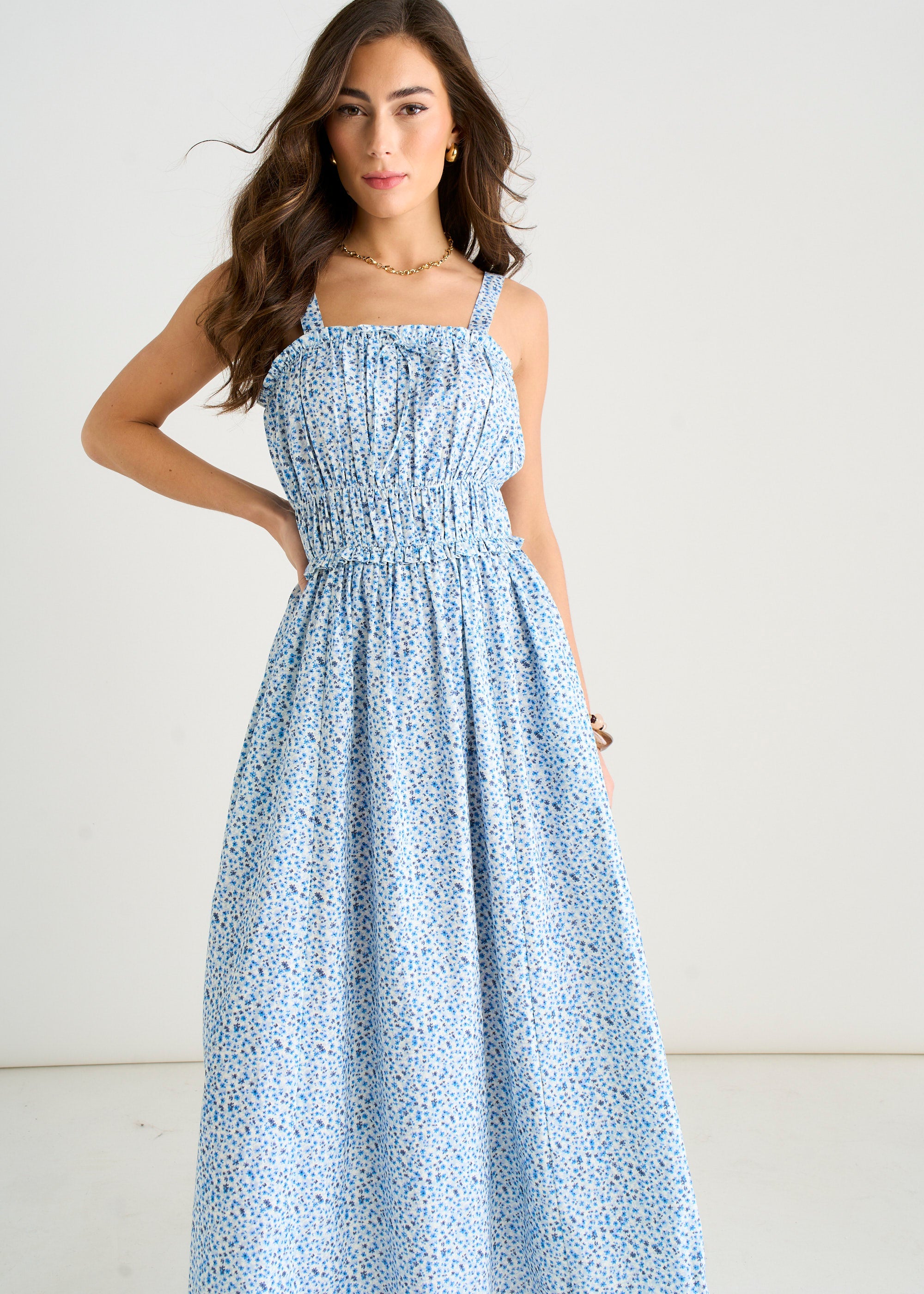 Gini London Blue Ditsy Floral Shirred Bodice Midi Dress