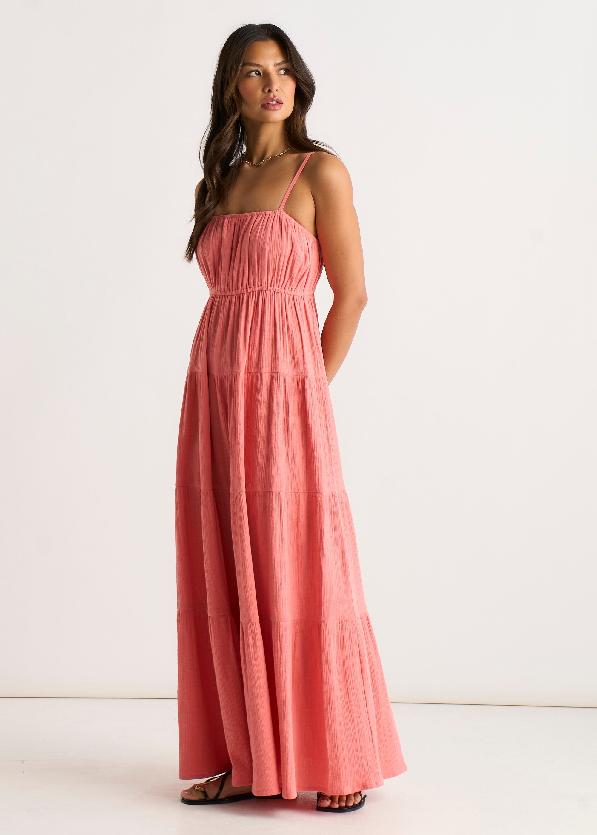 Gini London Coral Double Gauze Tierred Cami Maxi Dress