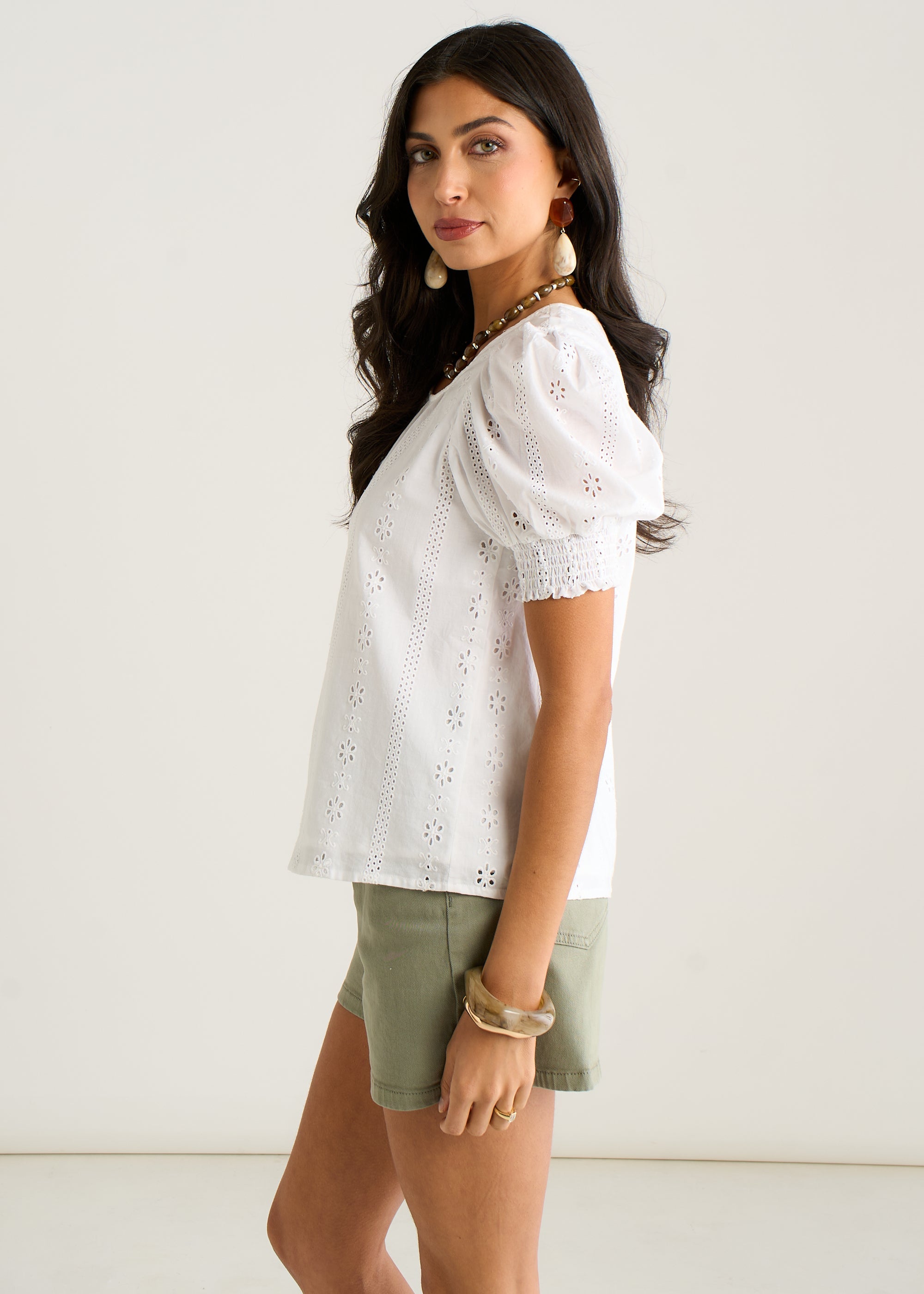 Gini London Cream Broderie Anglaise Puff Sleeves Top